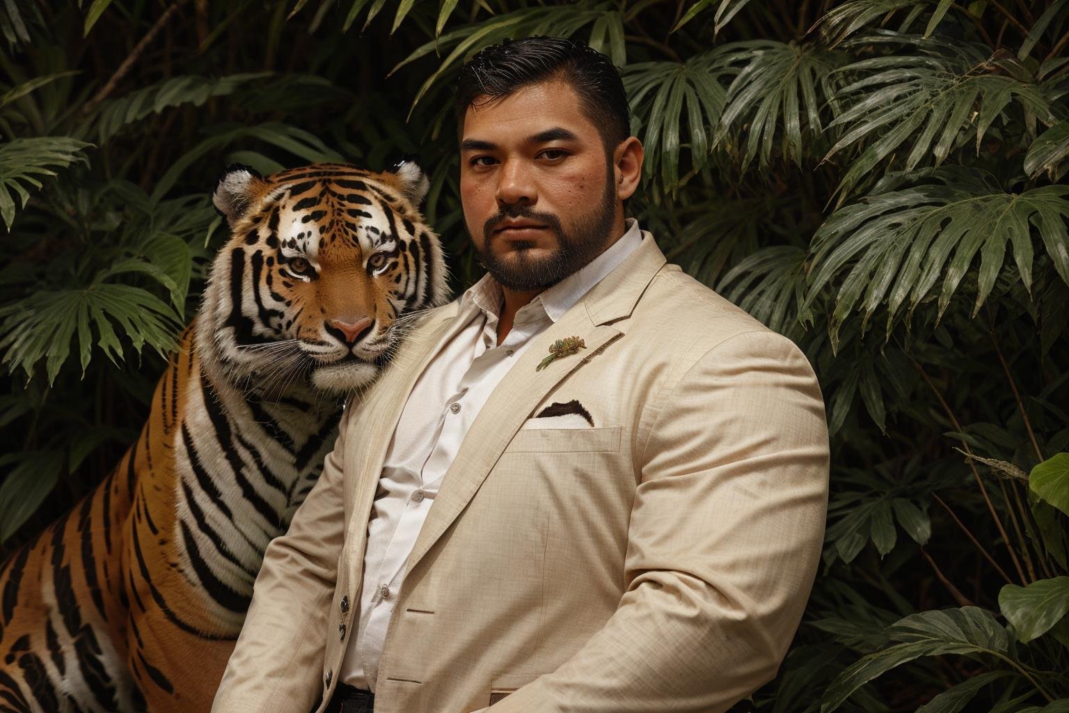 masterpiece,best quality,man,solo,portrait,asians,sit,(looking at viewer),fat,stubble,renaissance,flower,suit and tie,plant,simple background,<lora:WildCompanion_v01:0.7>,animalstyle,(a man next to large tiger:1.2),style,<lora:epiCRealismHelper:1>,<lora:epiNoiseoffset_v2-pynoise:1>,