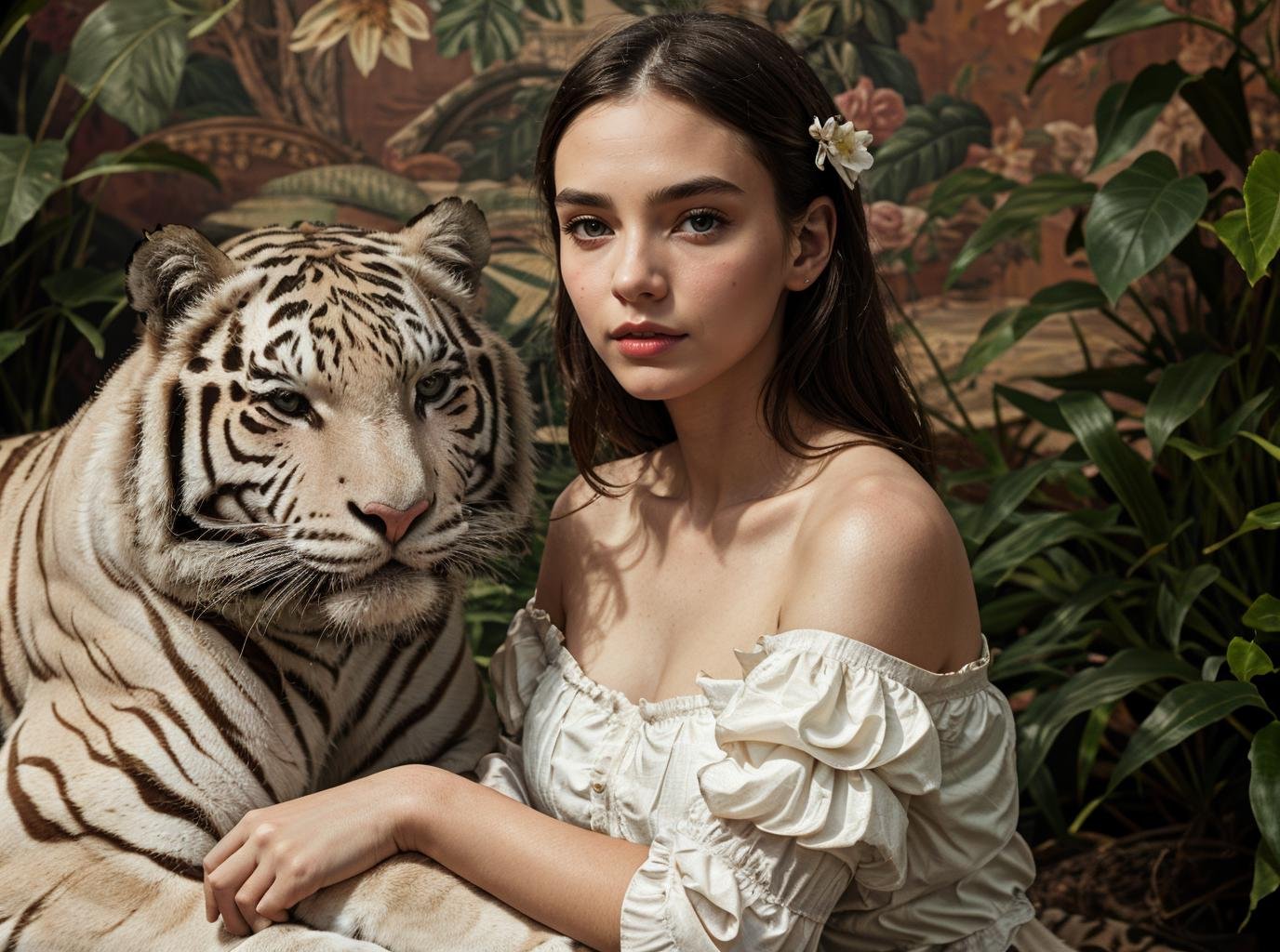 masterpiece,best quality,1girl,solo,portrait,sit,(looking at viewer),renaissance,flower,plant,simple background,<lora:tiger_v01_02:0.8>,animalstyle,a woman and a white tiger,