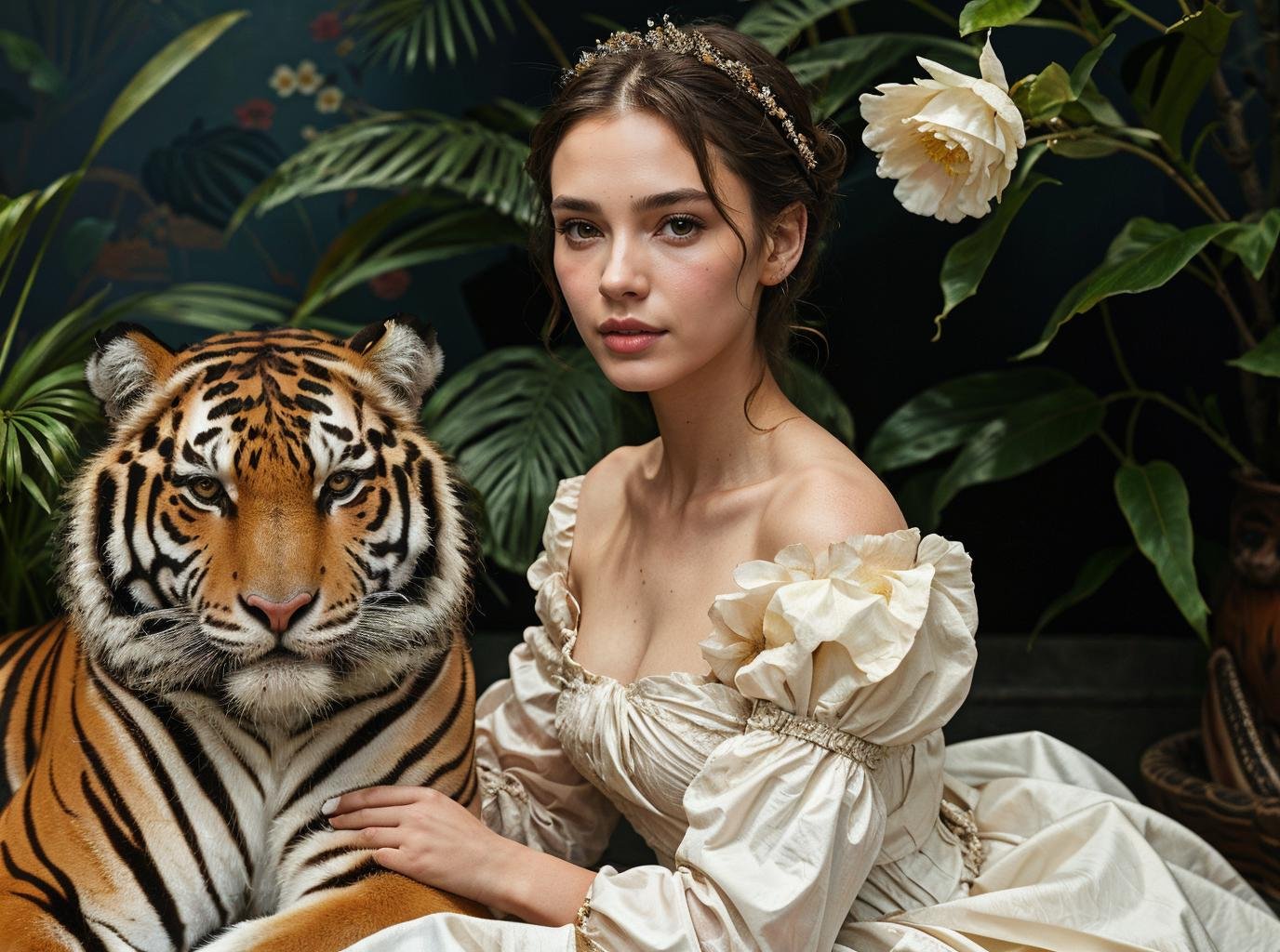 masterpiece,best quality,1girl,solo,portrait,sit,(looking at viewer),renaissance,flower,white dress,plant,simple background,<lora:tiger_v01_02:0.8>,animalstyle,(a woman holding a tiger),