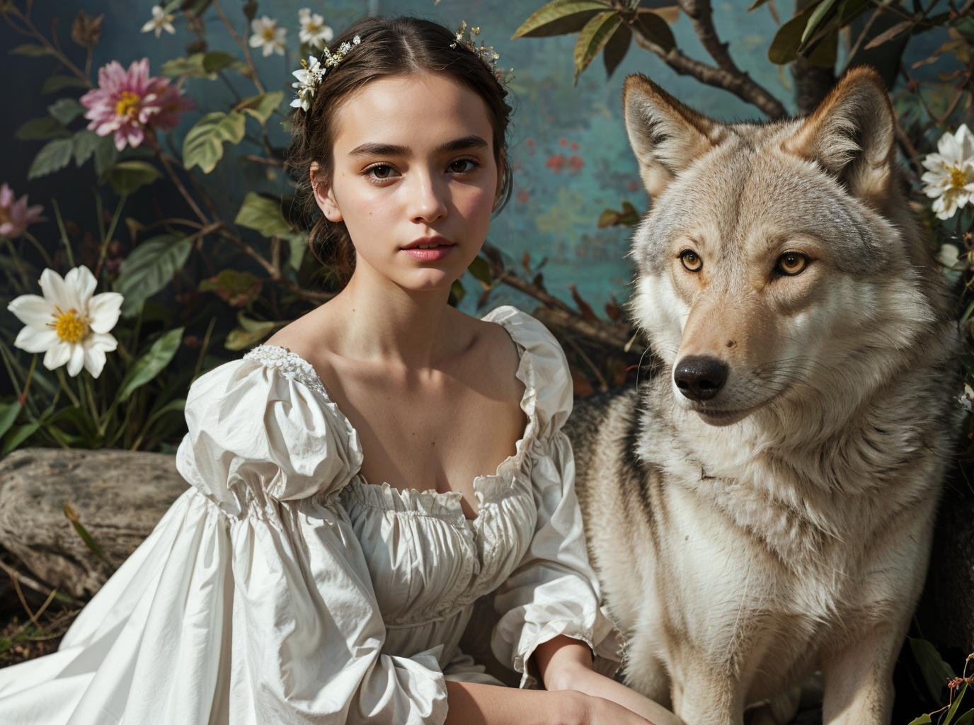 masterpiece,best quality,1girl,solo,portrait,sit,(looking at viewer),renaissance,flower,white dress,plant,simple background,<lora:tiger_v01_02:0.8>,animalstyle,a woman and a wolf,