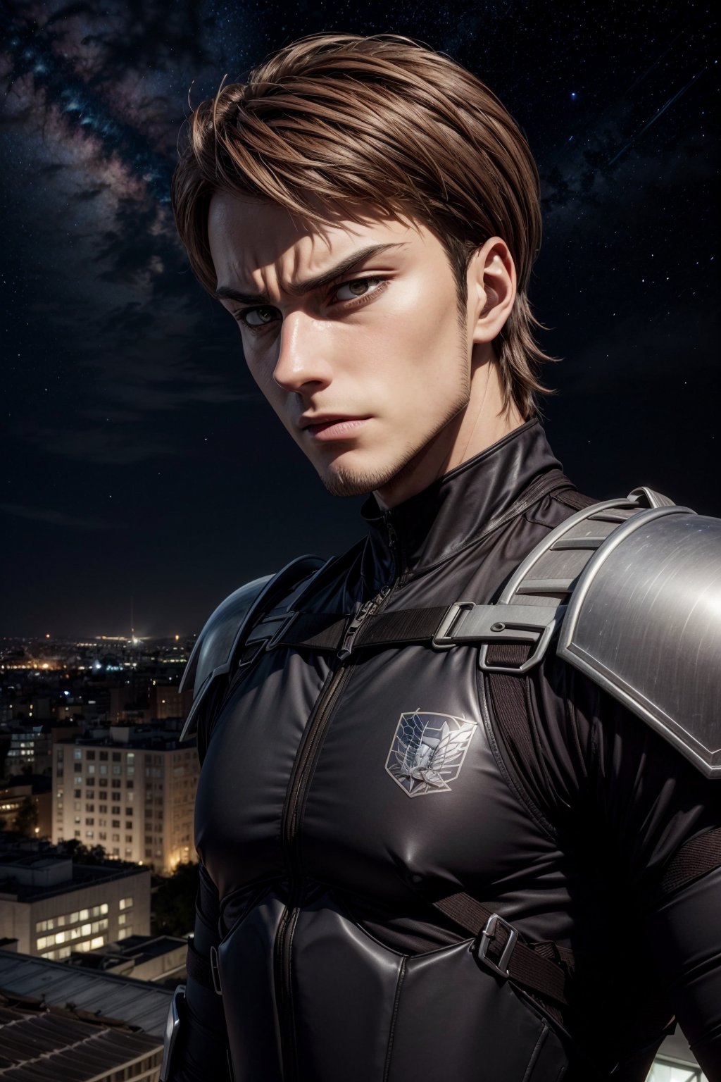 jean kirstein, brown hair, 1boy, male focus, sky, armor, black suit, night, facial hair, serious expression, star (sky), buildings, rooftop, airship above 