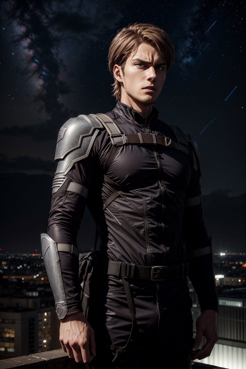 jean kirstein, brown hair, 1boy, male focus, sky, armor, black suit, night, facial hair, serious expression, star (sky), buildings, rooftop, zeppelin above 