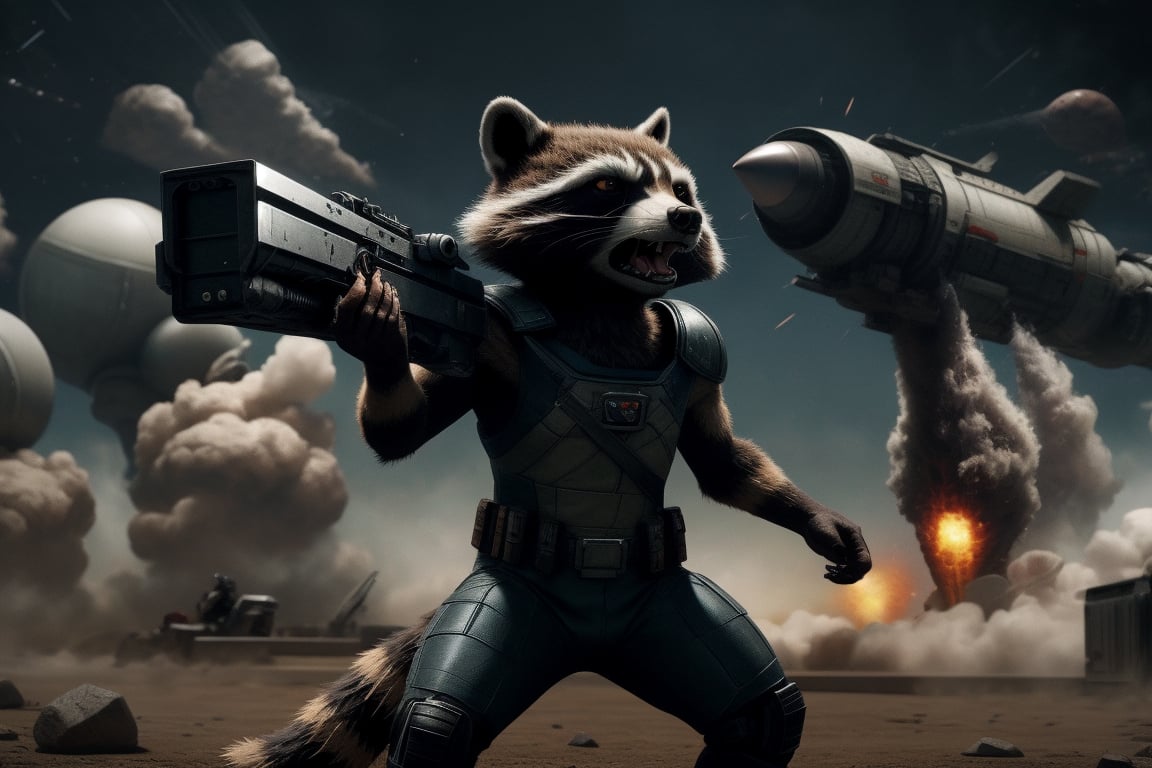 Cinematic film still of Rocket Raccoon in the middle of a battle, holding a gun, sci-fi