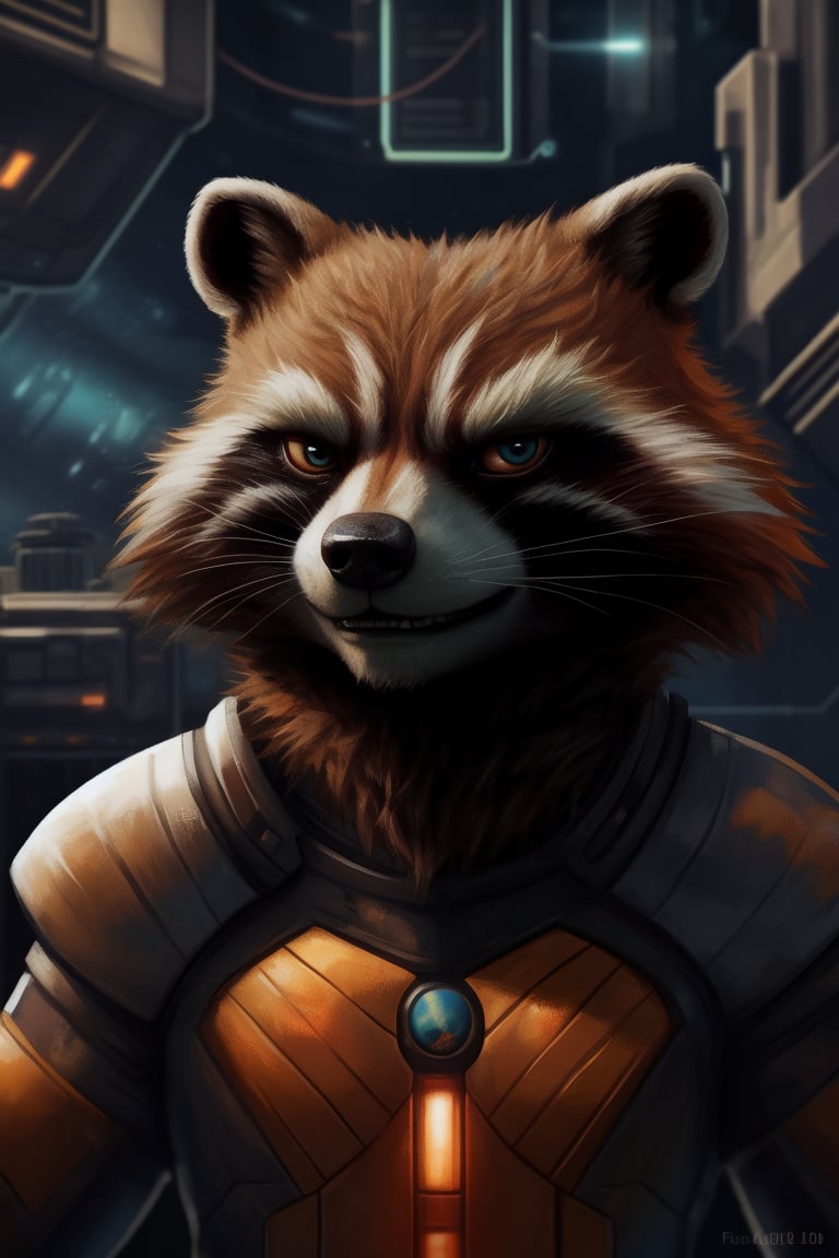 Digital painting, realistic portrait of Rocket Raccoon looking at viewer, smirking confidently, sci-fi