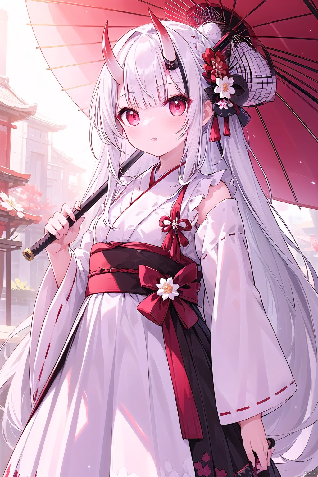 1girl, solo, long hair, looking at viewer, bangs, hair ornament, red eyes, long sleeves, holding, weapon, flower, white hair, grey hair, red hair, multicolored hair, frills, parted lips, japanese clothes, horns, sword, virtual youtuber, hair flower, wide sleeves, kimono, off shoulder, hair bun, holding weapon, arm up, streaked hair, sash, bell, gradient hair, umbrella, holding sword, obi, floral print, katana, frilled sleeves, red flower, sheath, tassel, oni horns, oni, holding umbrella, oil-paper umbrella, black kimono, spider lily, nakiri ayame