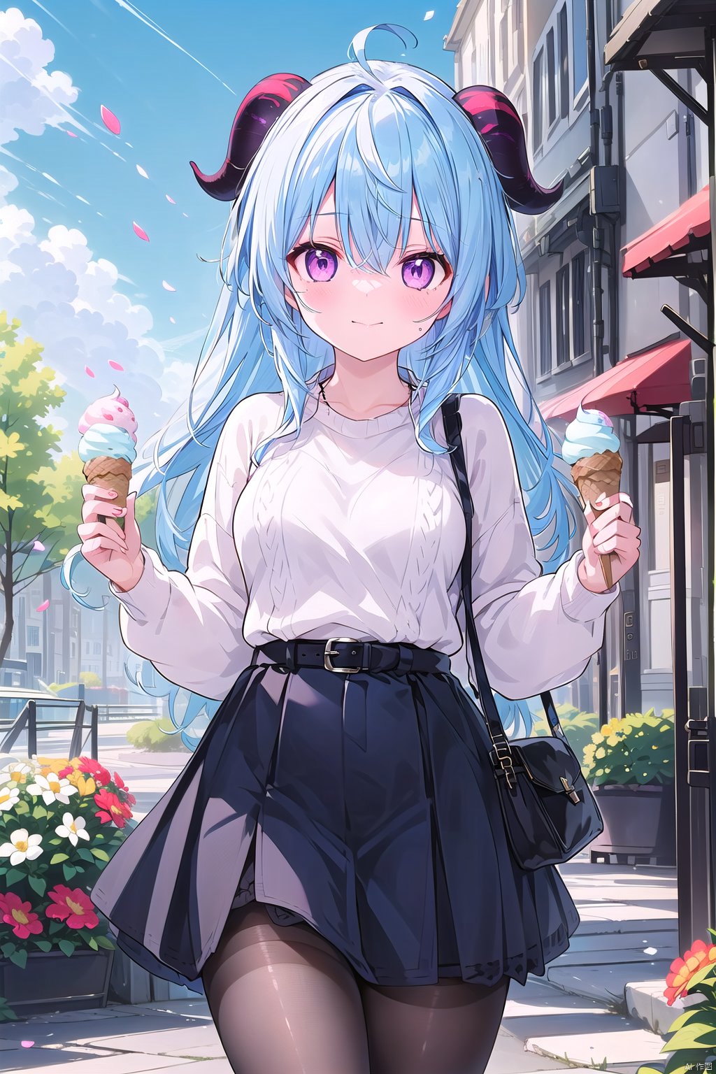 1girl, solo, long hair, breasts, looking at viewer, blush, bangs, long sleeves, dress, holding, hair between eyes, closed mouth, blue hair, purple eyes, flower, ahoge, pantyhose, sidelocks, outdoors, food, horns, sky, alternate costume, day, belt, cloud, bag, sweater, black pantyhose, petals, holding food, casual, handbag, ice cream, sweater dress, goat horns, falling petals, ice cream cone, purple sweater, ganyu \(genshin impact\)