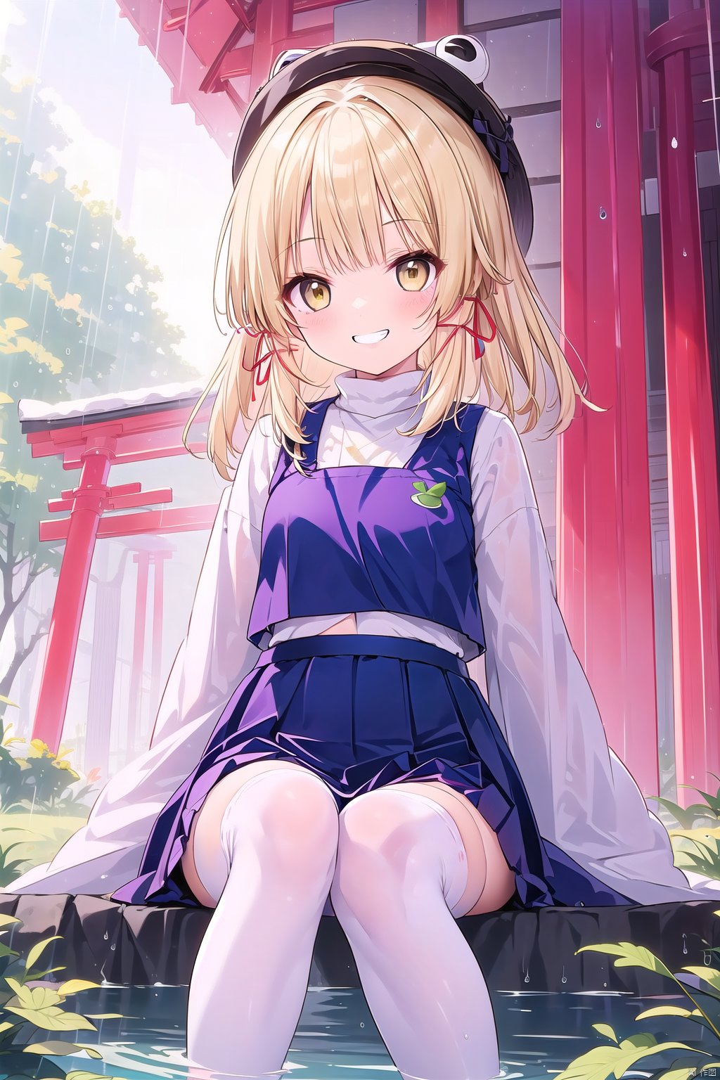  1girl, moriya_suwako, solo, looking_at_viewer, smile, short_hair, bangs, skirt, blonde_hair, shirt, thighhighs, long_sleeves, hat, ribbon, navel, holding, sitting, hair_ribbon, yellow_eyes, white_shirt, sidelocks, outdoors, midriff, miniskirt, wide_sleeves, medium_hair, grin, vest, white_thighhighs, red_ribbon, feet_out_of_frame, turtleneck, animal, leaf, animal_print, ribbon_trim, skirt_set, rain, ribbon-trimmed_sleeves, purple_skirt, tress_ribbon, water_drop, snake, brown_headwear, frog, torii, ribbon-trimmed_legwear, purple_vest, holding_leaf, frog_print, leaf_umbrella , masterpiece