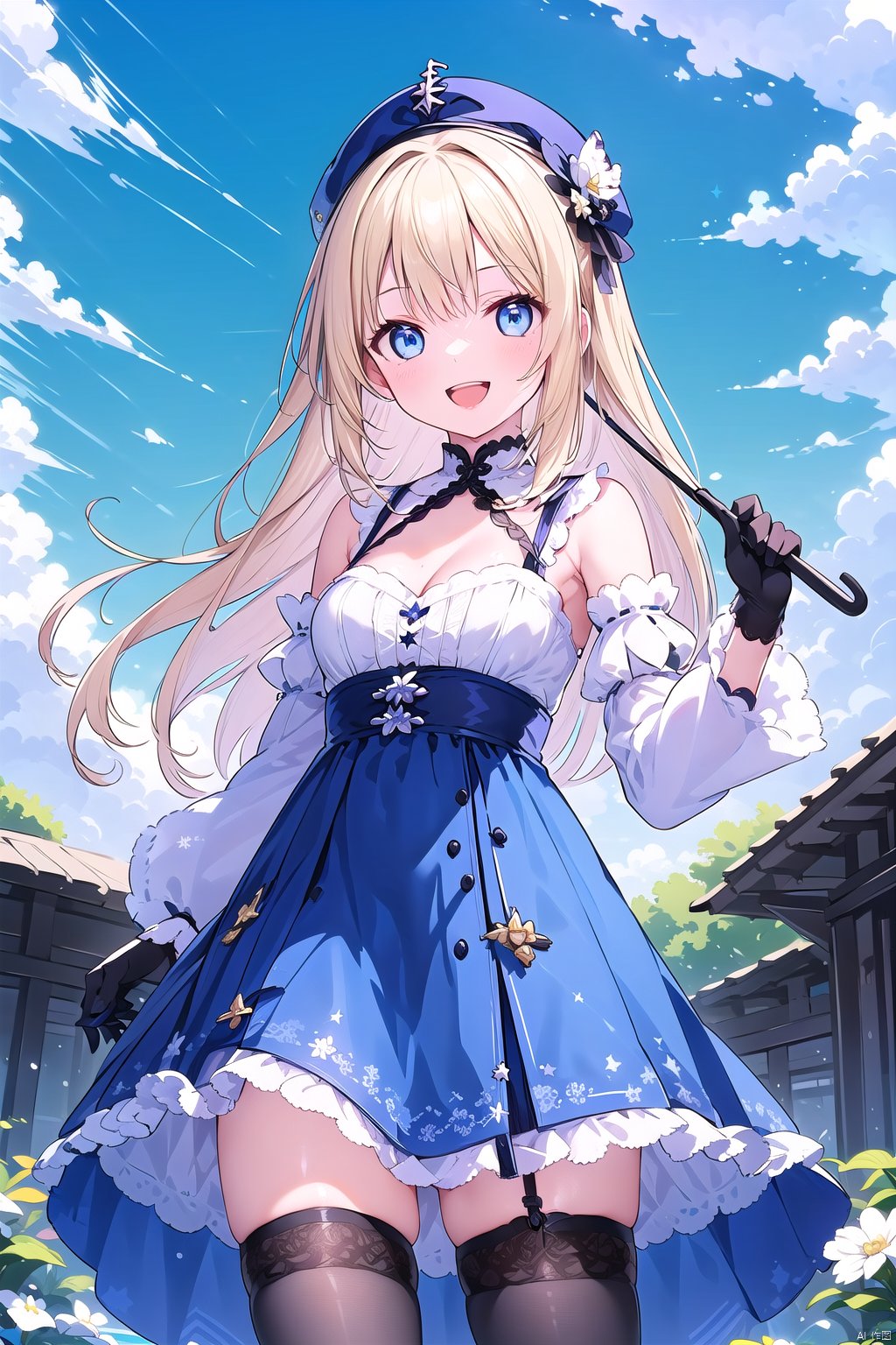 1girl, solo, long hair, breasts, looking at viewer, smile, open mouth, bangs, blue eyes, blonde hair, thighhighs, gloves, hat, dress, holding, cleavage, medium breasts, :d, outdoors, detached sleeves, sky, day, black gloves, cloud, blue sky, black headwear, umbrella, holding umbrella, parasol, company name, copyright