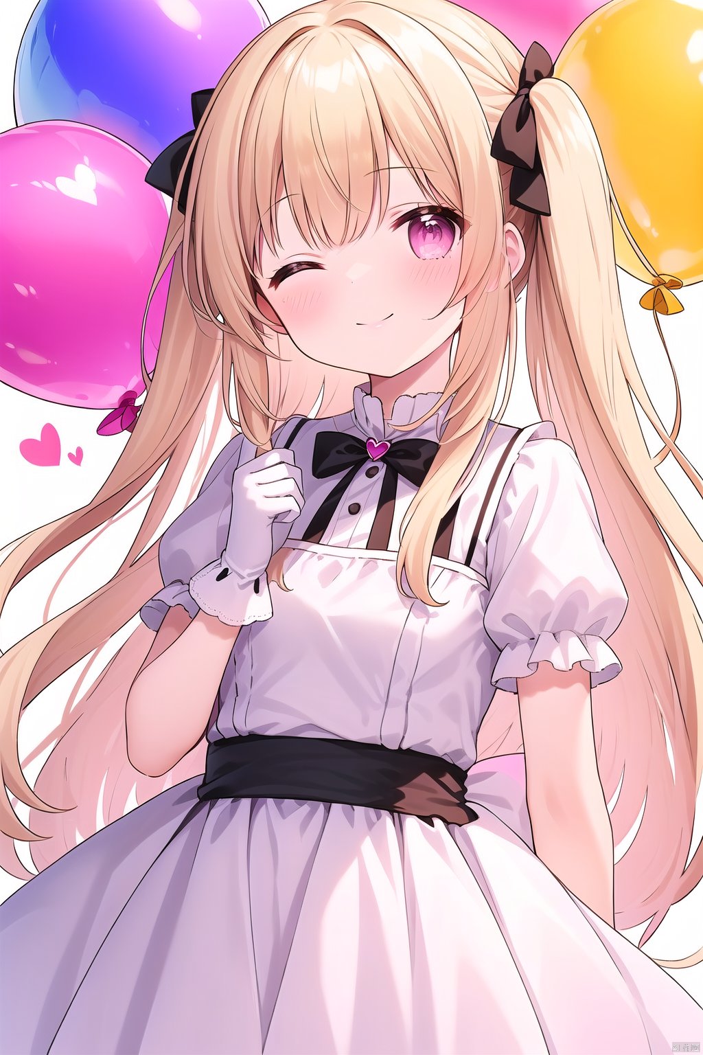  1girl, solo, long hair, looking at viewer, blush, smile, bangs, blonde hair, gloves, white background, dress, bow, holding, very long hair, closed mouth, short sleeves, hair bow, heart, one eye closed, puffy sleeves, white gloves, two side up, puffy short sleeves, hands up, black bow, pink bow, pink dress, ;\), balloon, holding balloon, heart balloon