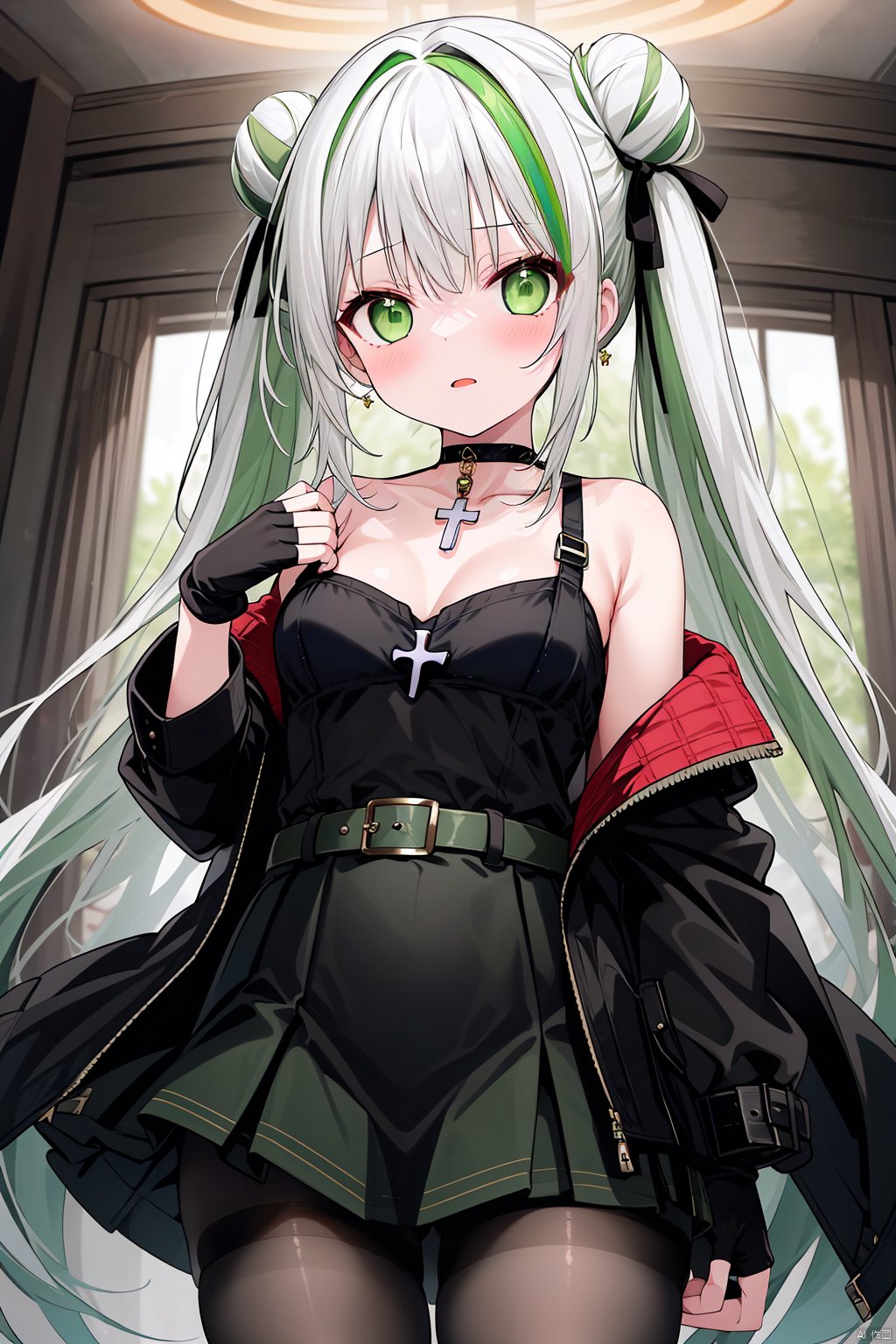  1girl, solo, long hair, breasts, looking at viewer, blush, open mouth, bangs, skirt, shirt, gloves, long sleeves, dress, bow, twintails, jewelry, very long hair, green eyes, jacket, white hair, pantyhose, multicolored hair, cowboy shot, green hair, open clothes, choker, black gloves, belt, indoors, fingerless gloves, off shoulder, hair bun, open jacket, streaked hair, black jacket, black pantyhose, double bun, black bow, gradient hair, black choker, cross, fishnets, fishnet pantyhose, masterpiece