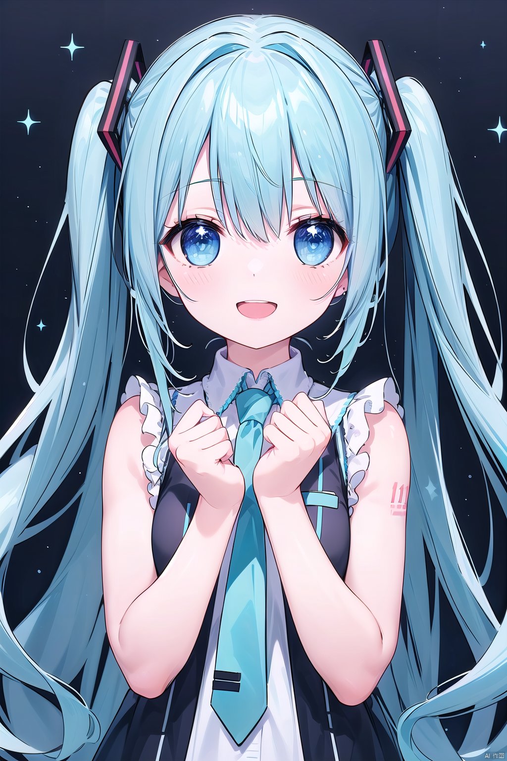 1girl, solo, long hair, looking at viewer, blush, smile, open mouth, bangs, blue eyes, simple background, shirt, hair ornament, white background, hair between eyes, bare shoulders, twintails, very long hair, blue hair, upper body, :d, frills, sleeveless, star \(symbol\), hands up, aqua hair, frilled shirt, starry background, hatsune miku