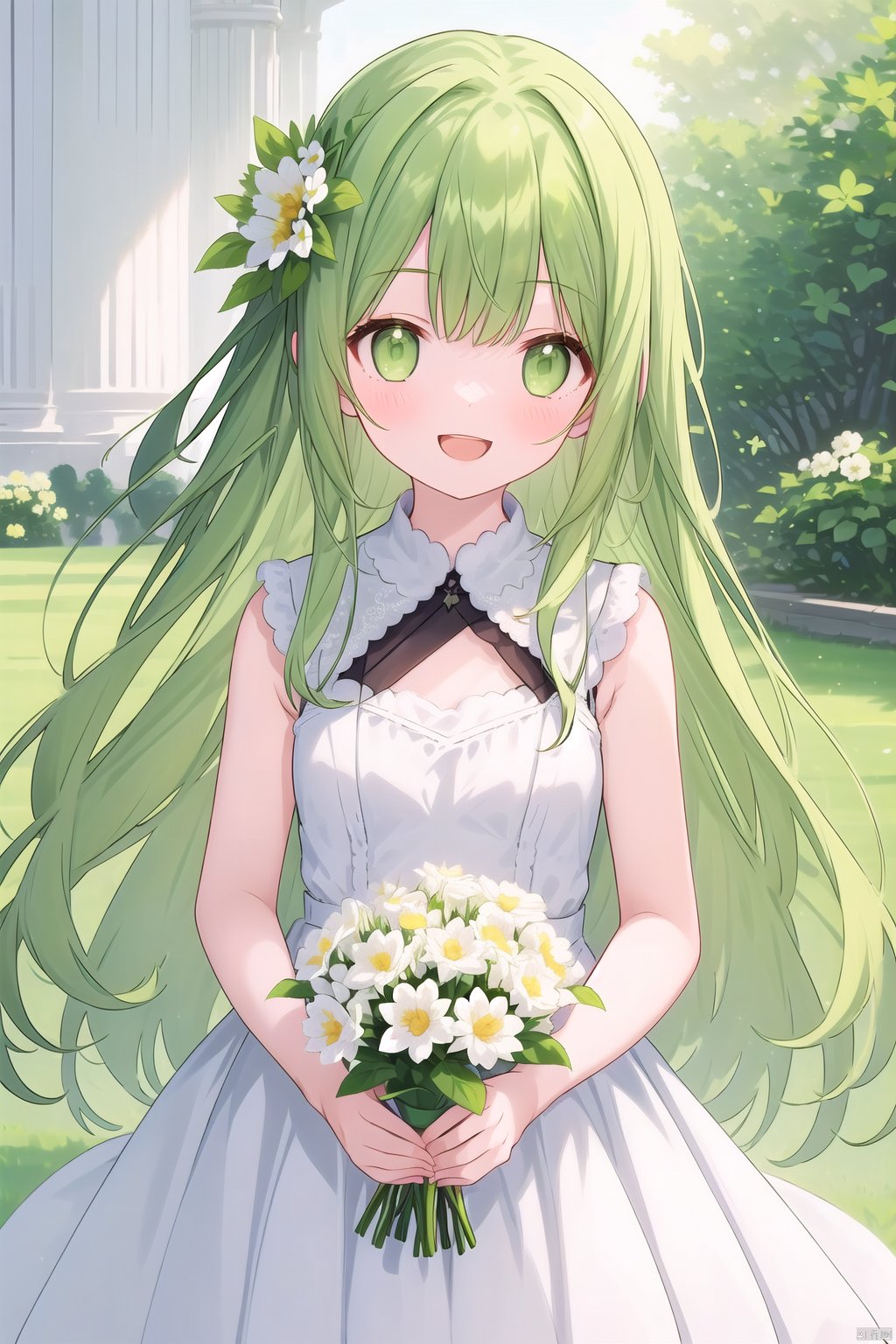  1girl, solo, long hair, looking at viewer, blush, smile, open mouth, bangs, hair ornament, dress, holding, bare shoulders, very long hair, green eyes, standing, flower, :d, small breasts, green hair, sleeveless, indoors, hair flower, white dress, bare arms, sleeveless dress, plant, white flower, bouquet, holding flower, holding bouquet