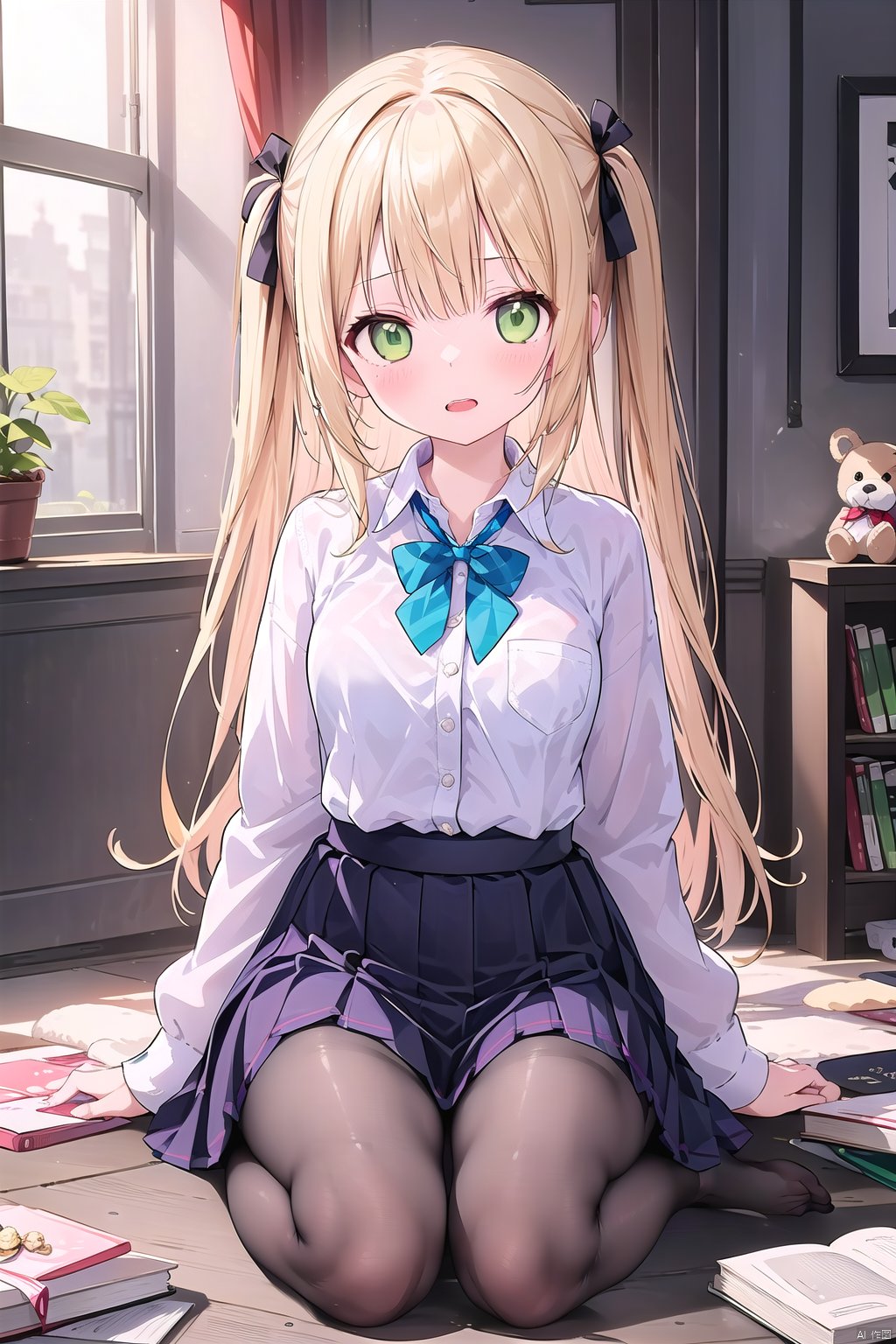 1girl, solo, long hair, breasts, looking at viewer, blush, open mouth, bangs, skirt, blonde hair, shirt, long sleeves, bow, ribbon, sitting, school uniform, green eyes, jacket, hair ribbon, white shirt, pantyhose, pleated skirt, indoors, bowtie, bag, two side up, black jacket, book, black pantyhose, bird, no shoes, eyepatch, stuffed toy, stuffed animal, purple skirt, purple bow, yokozuwari, purple bowtie, cage, fischl \(genshin impact\)