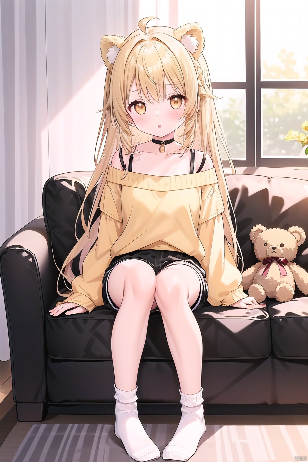  1girl, solo, long hair, looking at viewer, blush, bangs, blonde hair, long sleeves, bow, animal ears, bare shoulders, brown eyes, sitting, collarbone, full body, yellow eyes, braid, ahoge, parted lips, shorts, choker, day, socks, puffy sleeves, indoors, off shoulder, :o, sweater, sleeves past wrists, short shorts, window, single braid, bell, black choker, chair, no shoes, black shorts, stuffed toy, stuffed animal, white socks, couch, teddy bear, wooden floor, on couch, brown sweater, on chair, off-shoulder sweater, armchair, yellow sweater