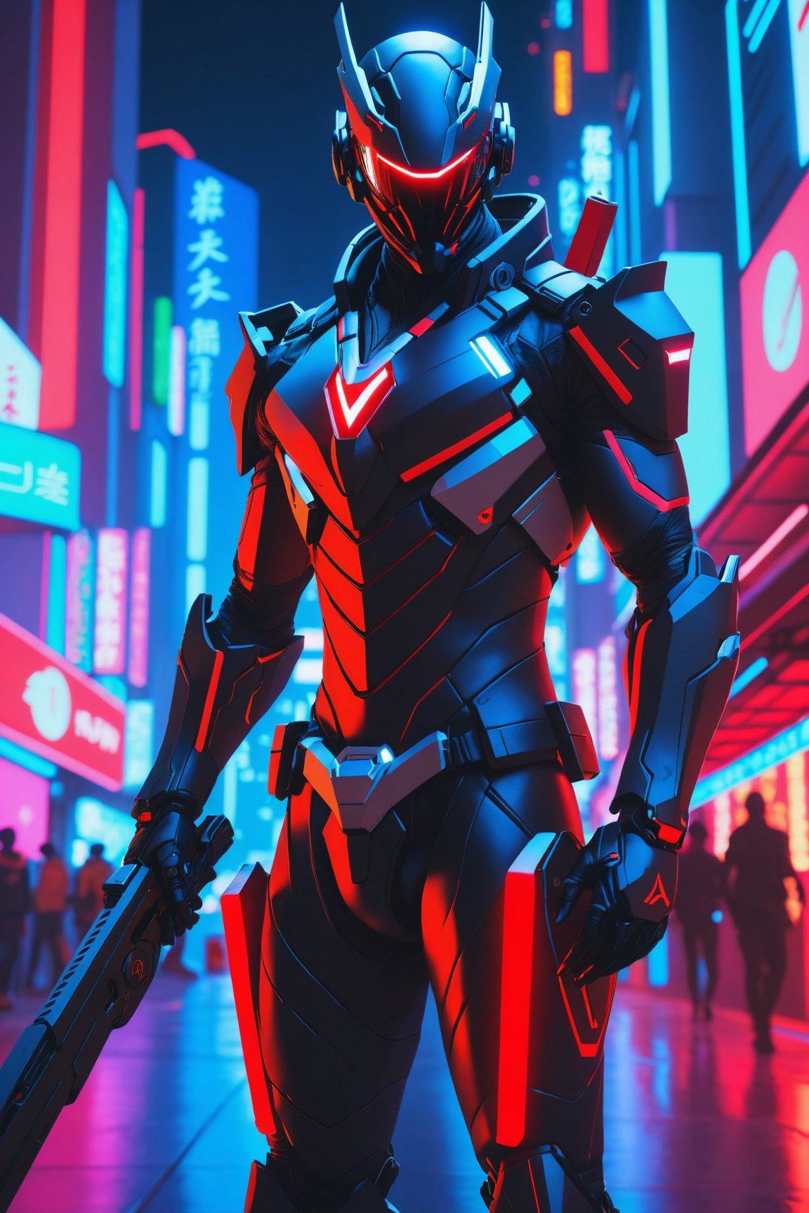 Genji Overwatch Black And Red, featuring a black and red color scheme, the scene is set in a futuristic cyberpunk cityscape, with neon lights illuminating the surroundings, a futuristic man in a futuristic suit standing in a futuristic city at night with neon lights on his chest, Eve Ryder, rossdraws global illumination, cyberpunk art, retrofuturism