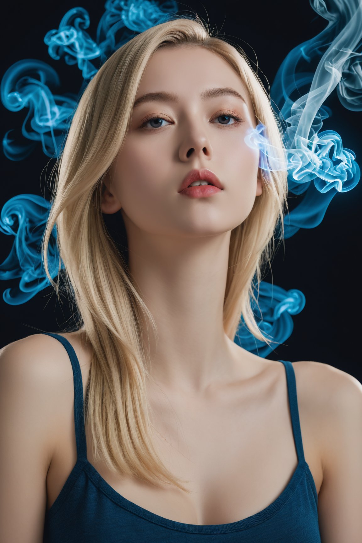 masterpiece, best quality, cinematic photo, anatomically correct, digital artwork illustration , innocent 20yo woman, smoking, pale skin, polish, pronounced feminine features, (stretching), t-shirt, straight blonde hair, large breasts, (cosmic background), dark illustration style, (8k, dynamic composition, photorealistic, sharp focus), elaborate background, cinematic, rule of thirds, backlight, film grain, intricate details, fine details,
