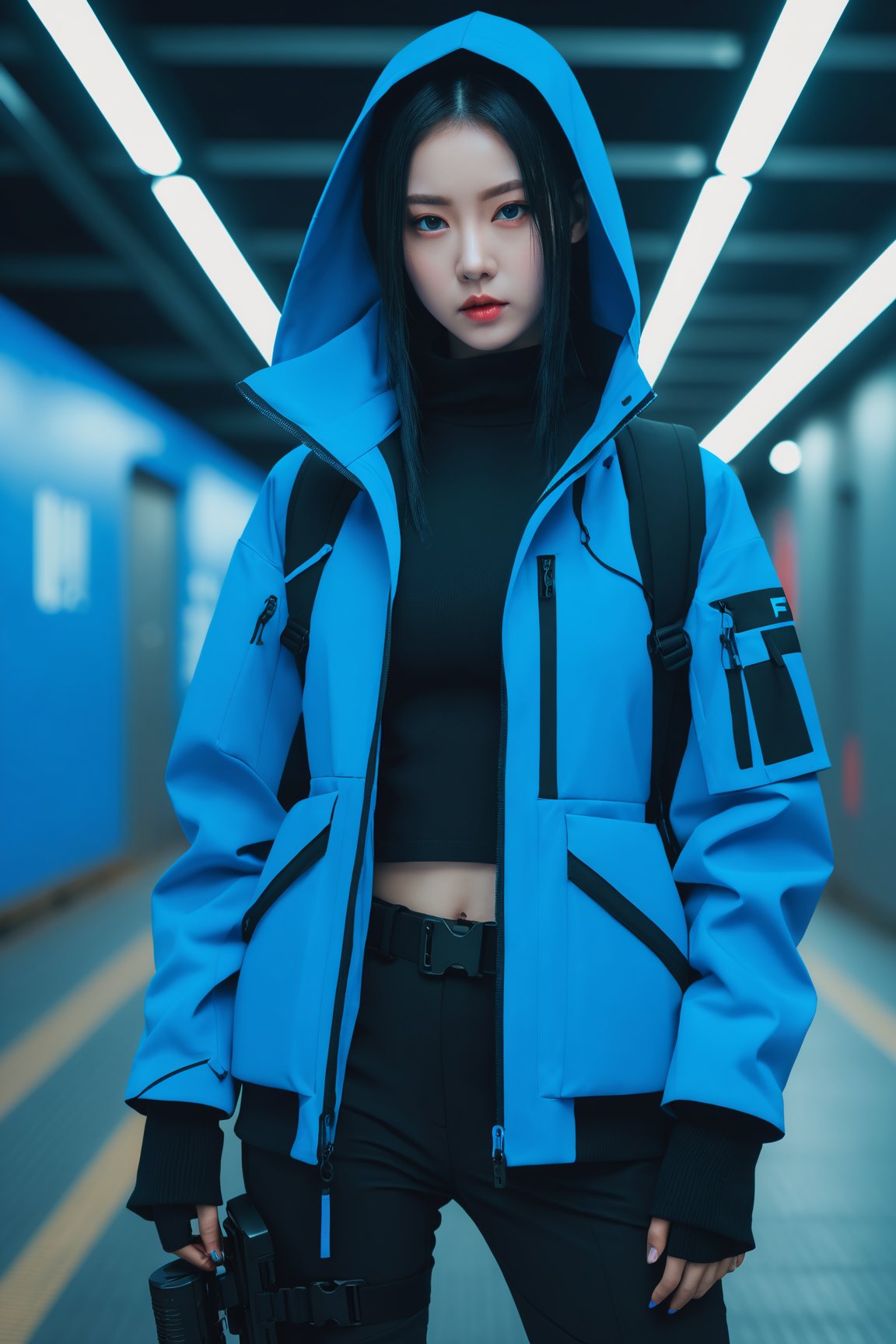Techwear fashion a young woman, looking at the camera, posing, ulzzang, naver fanpop, ffffound, streaming on twitch, character album cover, blues moment, style of Alessio Albi, daily wear, moody lighting, appropriate comparison of cold and warm, reality,  . Futuristic,  cyberpunk,  urban,  tactical,  sleek,  dark,  highly detailed