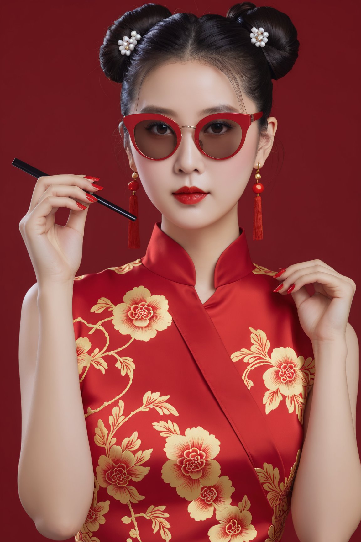 1girl, solo, chinese clothes, sunglasses, china dress, double bun, nail polish, hair bun, dress, hair ornament, red background, looking at viewer, upper body, red nails, brown eyes, realistic, lips, makeup