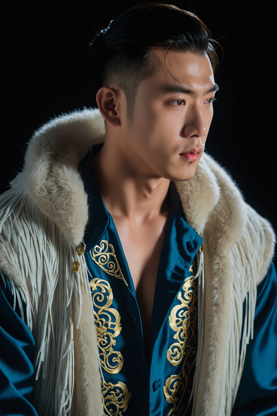 (8K,  RAW photo,  Highest quality), Realistic, 1 man, 16 year old man, frontage, Intricate details, Closed mouth, Muscular male, Manly, looks away, Male focus, Solo, Transparent coat, Chinese Song Dynasty, Night sky, Soft lighting, Cinematic lighting, Portrait, Close-up, Lovingly