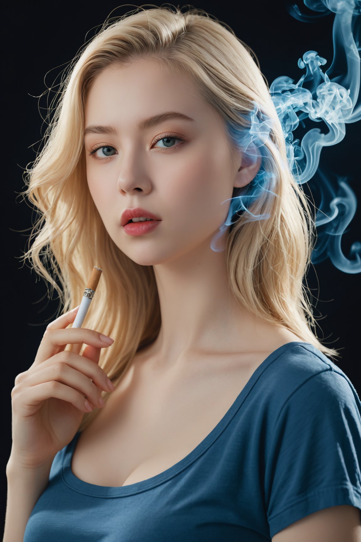 masterpiece, best quality, cinematic photo, anatomically correct, digital artwork illustration , innocent 20yo woman, smoking, pale skin, polish, pronounced feminine features, (stretching), t-shirt, straight blonde hair, large breasts, (cosmic background), dark illustration style, (8k, dynamic composition, photorealistic, sharp focus), elaborate background, cinematic, rule of thirds, backlight, film grain, intricate details, fine details,
