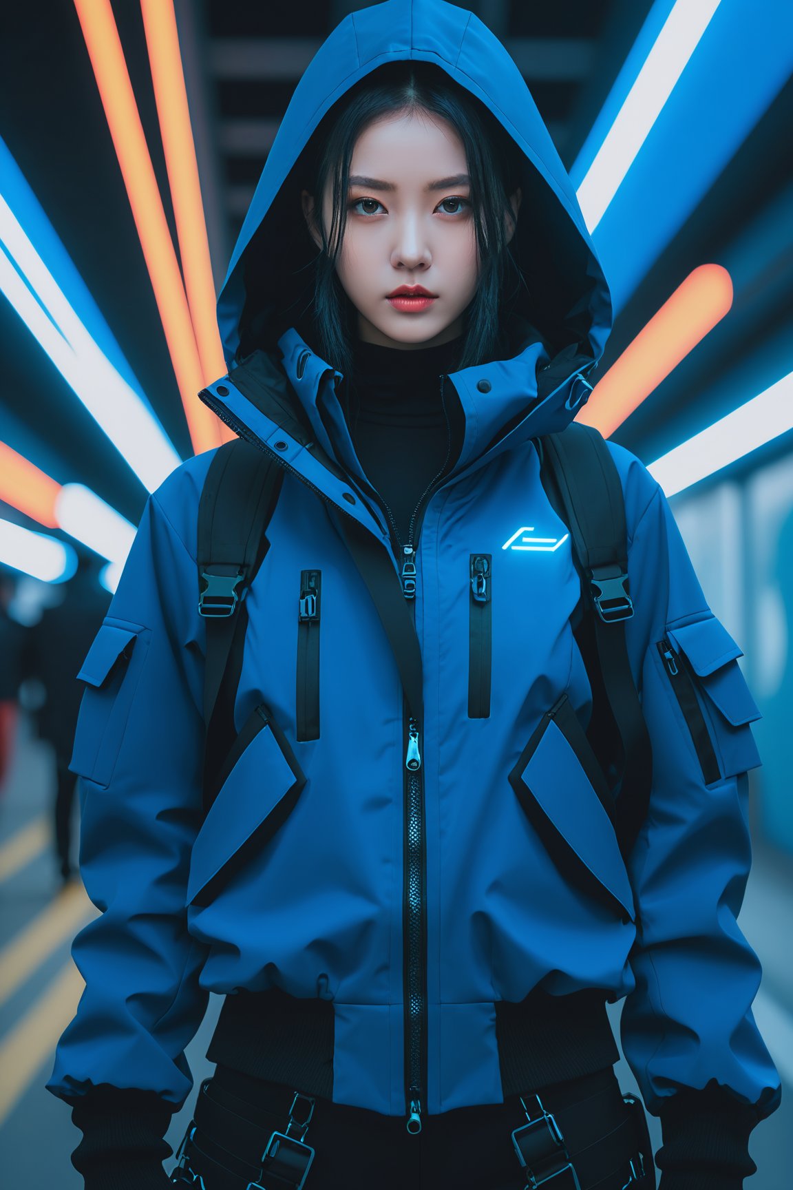 Techwear fashion a young woman, looking at the camera, posing, ulzzang, naver fanpop, ffffound, streaming on twitch, character album cover, blues moment, style of Alessio Albi, daily wear, moody lighting, appropriate comparison of cold and warm, reality,  . Futuristic,  cyberpunk,  urban,  tactical,  sleek,  dark,  highly detailed