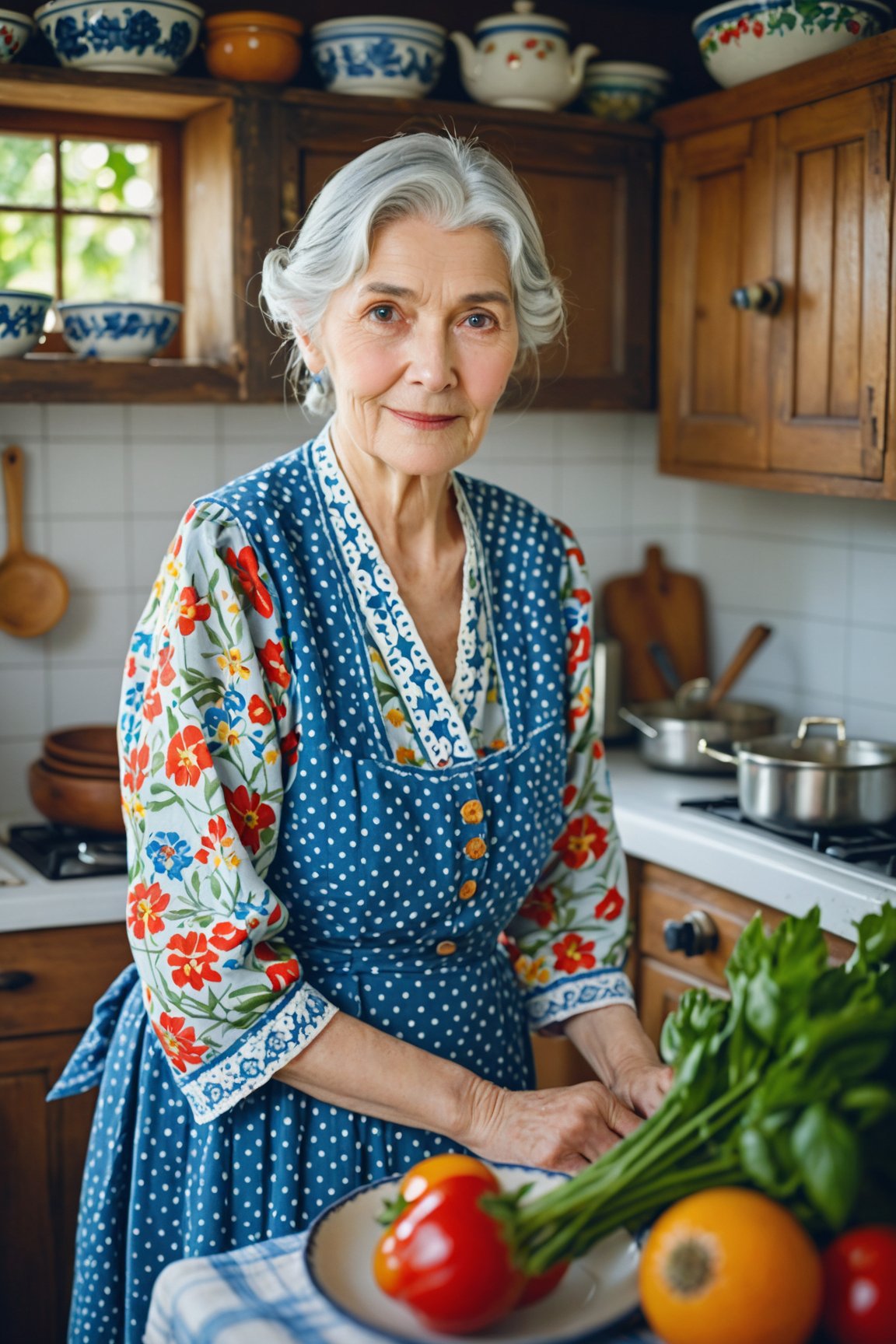 A gray-haired and elegant old woman whose eyes stared at the viewer was full of story. She wore a traditional floral-patterned dress in a quaint,  sunny cottage kitchen and cooking