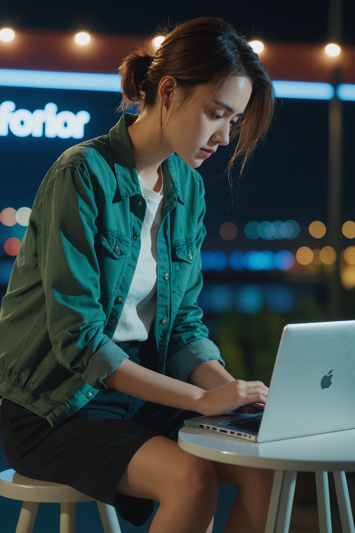 A woman in casual clothing with coiffed hair,  face slightly turned sideways,  sitting on a stool looking at a laptop on a table,  night scene,  4K,  best picture quality