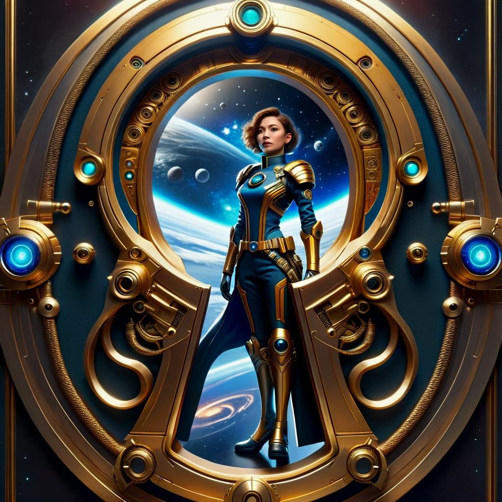 hyper detailed semi realistic 2.5D digital art masterpiece, dynamic, awesome quality,female spacefaring civilization- extravagantly adorned being wearing sophisticated space-faring uniforms and insignias, cybernetic vigilante,, DonMK3yH0l3XL keyhole <lora:DonMK3yH0l3XL:1>