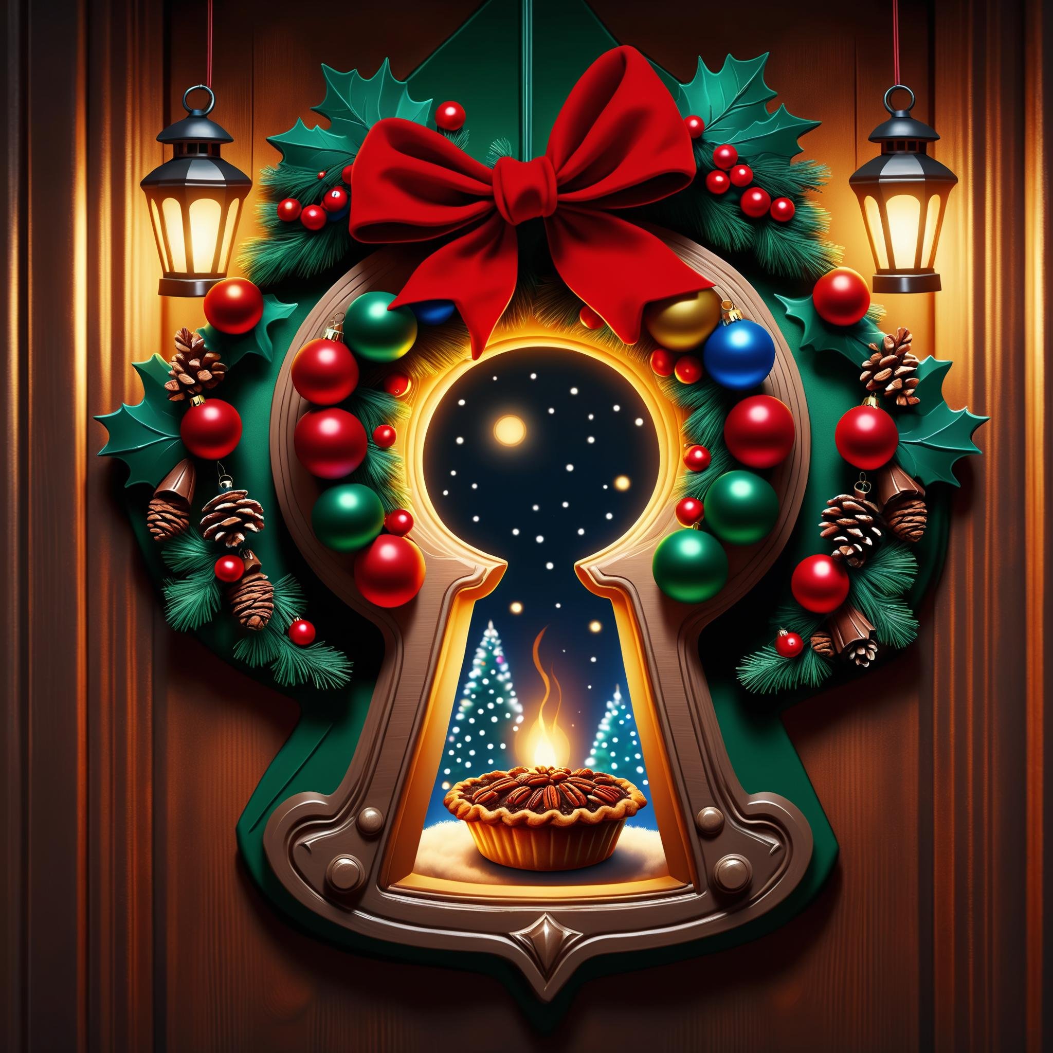 hyper detailed semi realistic 2.5D digital art masterpiece, dynamic, awesome quality,ugly christmas sweater designs, joyful celebrations, stockings,pecan pie, cozy and comforting, lanterns, , DonMK3yH0l3XL keyhole <lora:DonMK3yH0l3XL:1>