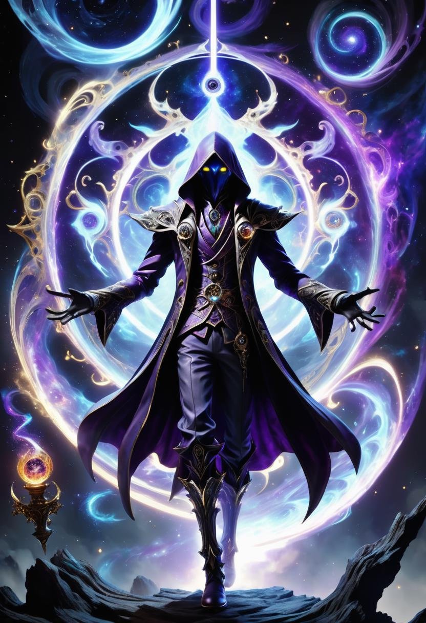 hyper detailed masterpiece, dynamic, awesome quality, a male chronomancer conjuring umbra gravity DonMM4g1cXL magic, wand <lora:DonMM4g1cXL-000008:0.8>