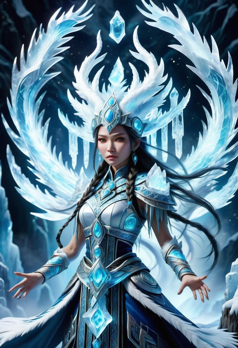 hyper detailed masterpiece, dynamic, awesome quality, a female shaman summoning ethereal ice DonMM4g1cXL magic,  <lora:DonMM4g1cXL-000008:0.8>