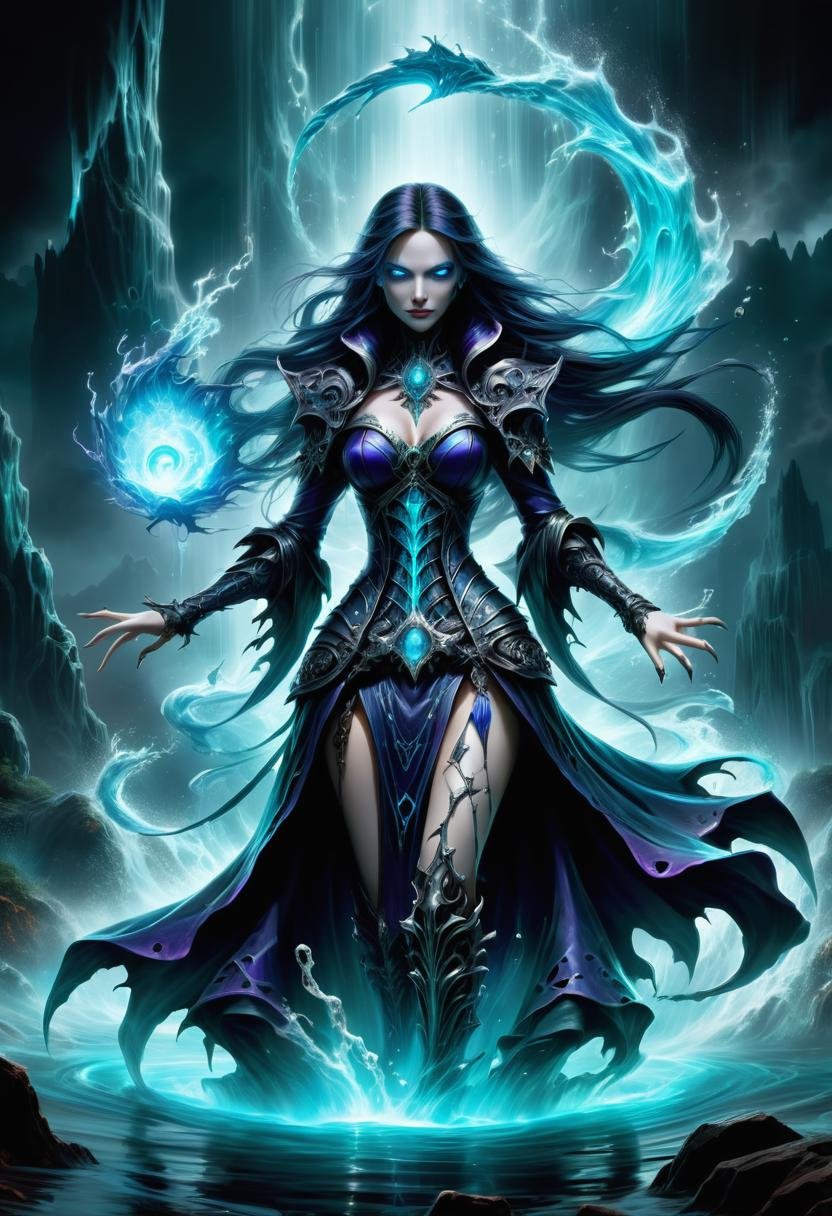 hyper detailed masterpiece, dynamic, awesome quality, a female necromancer casting tempestuous water DonMM4g1cXL magic,  <lora:DonMM4g1cXL-000008:0.8>