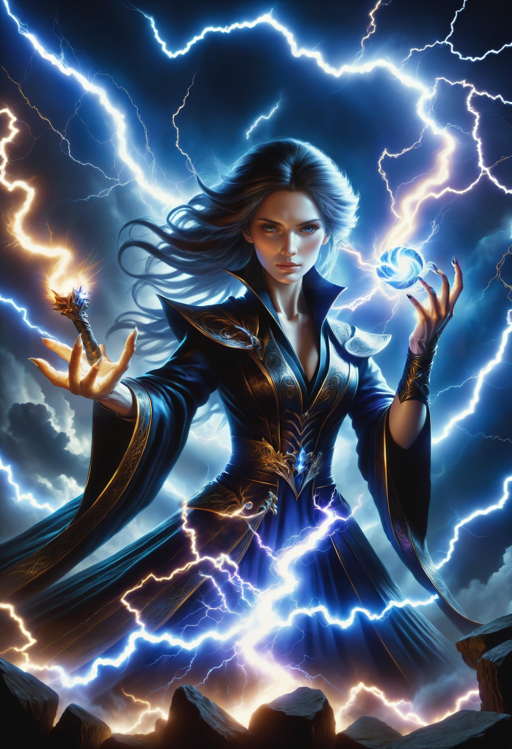 hyper detailed masterpiece, dynamic, awesome quality, a female magician summoning volatile lightning DonMM4g1cXL magic, wand <lora:DonMM4g1cXL_v1.2:1>, Perfect Hands,  <lora:Perfect Hands:1>