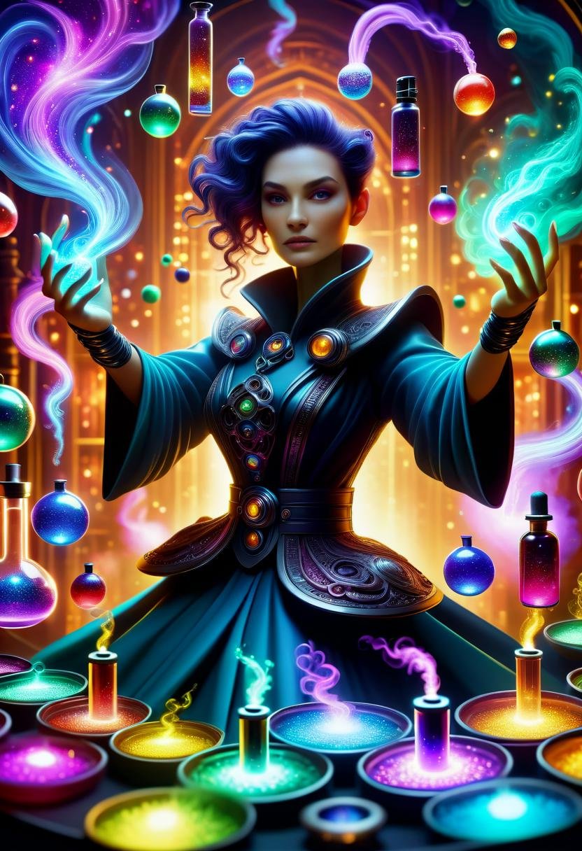 hyper detailed semi realistic 2.5D digital art masterpiece, dynamic, awesome quality,  female biowitch, control over quantum particles and reality, robotpunk  potion magic myriad of tiny swirling vials filled with liquids of every imaginable color, glowing softly, each vial emits a unique pattern of sparkles or smoke, representing the intricate and varied effects of potion magic, air is filled with a symphony of subtle, enchanting scents, hinting at the powerful transformations contained within each concoction <lora:DonMM4g1cXL_v1.2:0.8> DonMM4g1cXL,  <lora:Perfect Hands v2:0.8> Perfect Hands