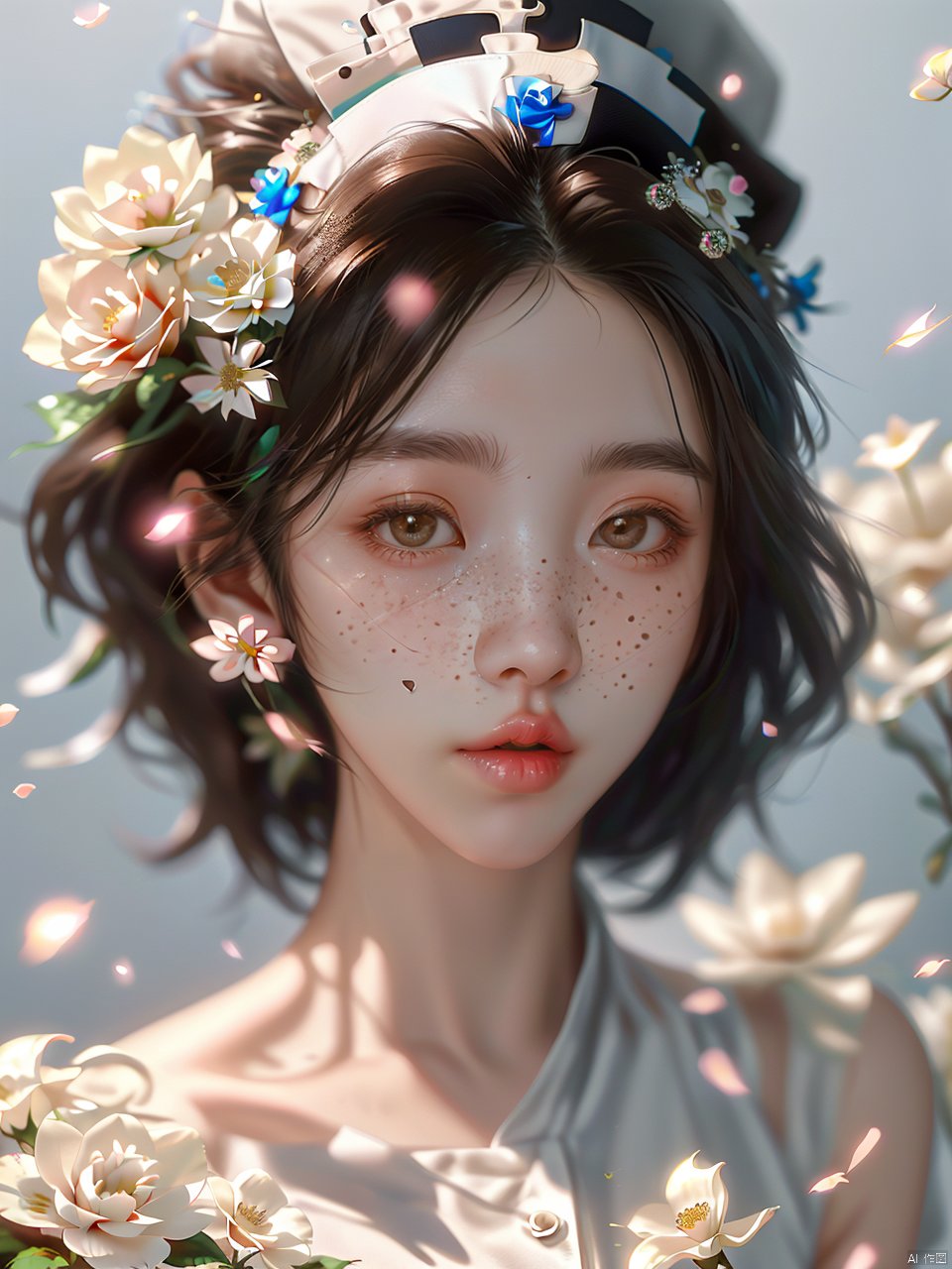 (\fan hua\),1girl, solo, parted lips, realistic, lips, brown hair, white flower, hair ornament, looking at viewer, short hair, freckles, black hair, portrait, hair flower, brown eyes, upper body, blurry, Trainee Nurse