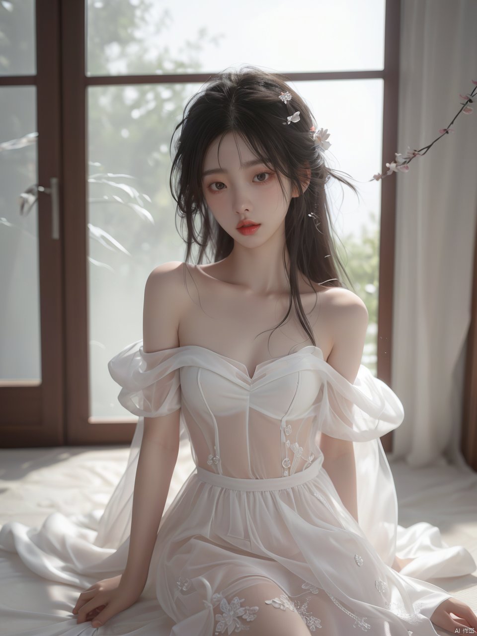  FilmGirl,1girl,solo,black hair,dress,realistic,white dress,long hair,sitting,bare shoulders,looking at viewer,parted lips,breasts,collarbone,black eyes,lips,see-through,off shoulder,small breasts, (\fan hua\)