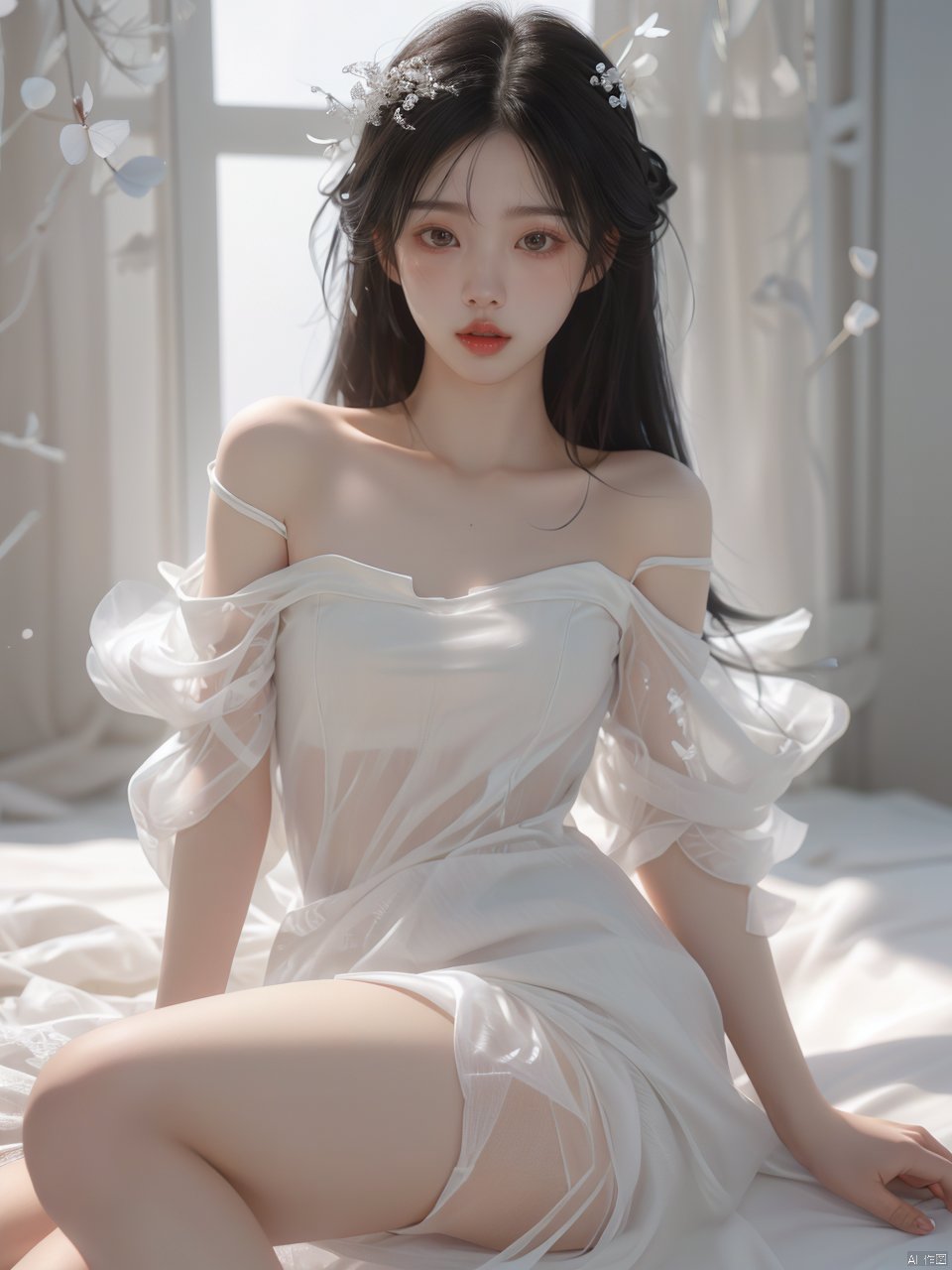  FilmGirl,1girl,solo,black hair,dress,realistic,white dress,long hair,sitting,bare shoulders,looking at viewer,parted lips,breasts,collarbone,black eyes,lips,see-through,off shoulder,small breasts, (\fan hua\)