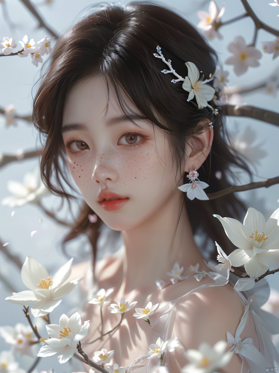 (\fan hua\),1girl, solo, realistic, hair flower, freckles, parted lips, hair ornament, branch, portrait, blurry, black hair, lips, earrings, jewelry, white flower, brown hair, teeth, looking at viewer, petals