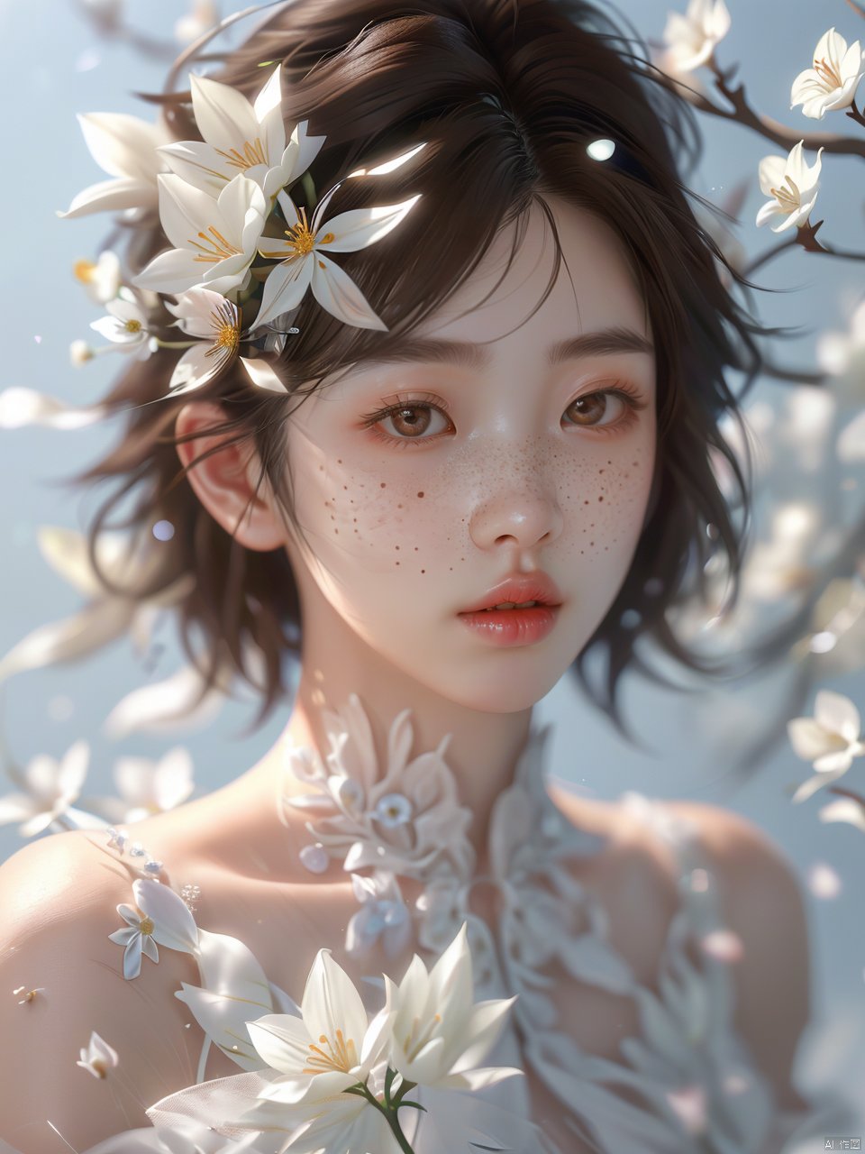 (\fan hua\),1girl, solo, parted lips, realistic, lips, brown hair, white flower, hair ornament, looking at viewer, short hair, freckles, black hair, portrait, hair flower, brown eyes, upper body, blurry