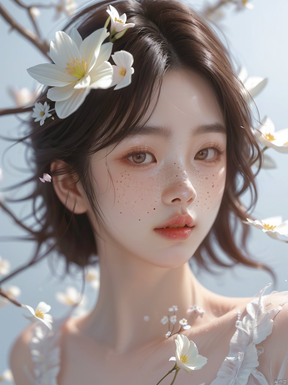 (\fan hua\),1girl, solo, realistic, freckles, white flower, parted lips, brown hair,lips, portrait, nose, depth of field, teeth