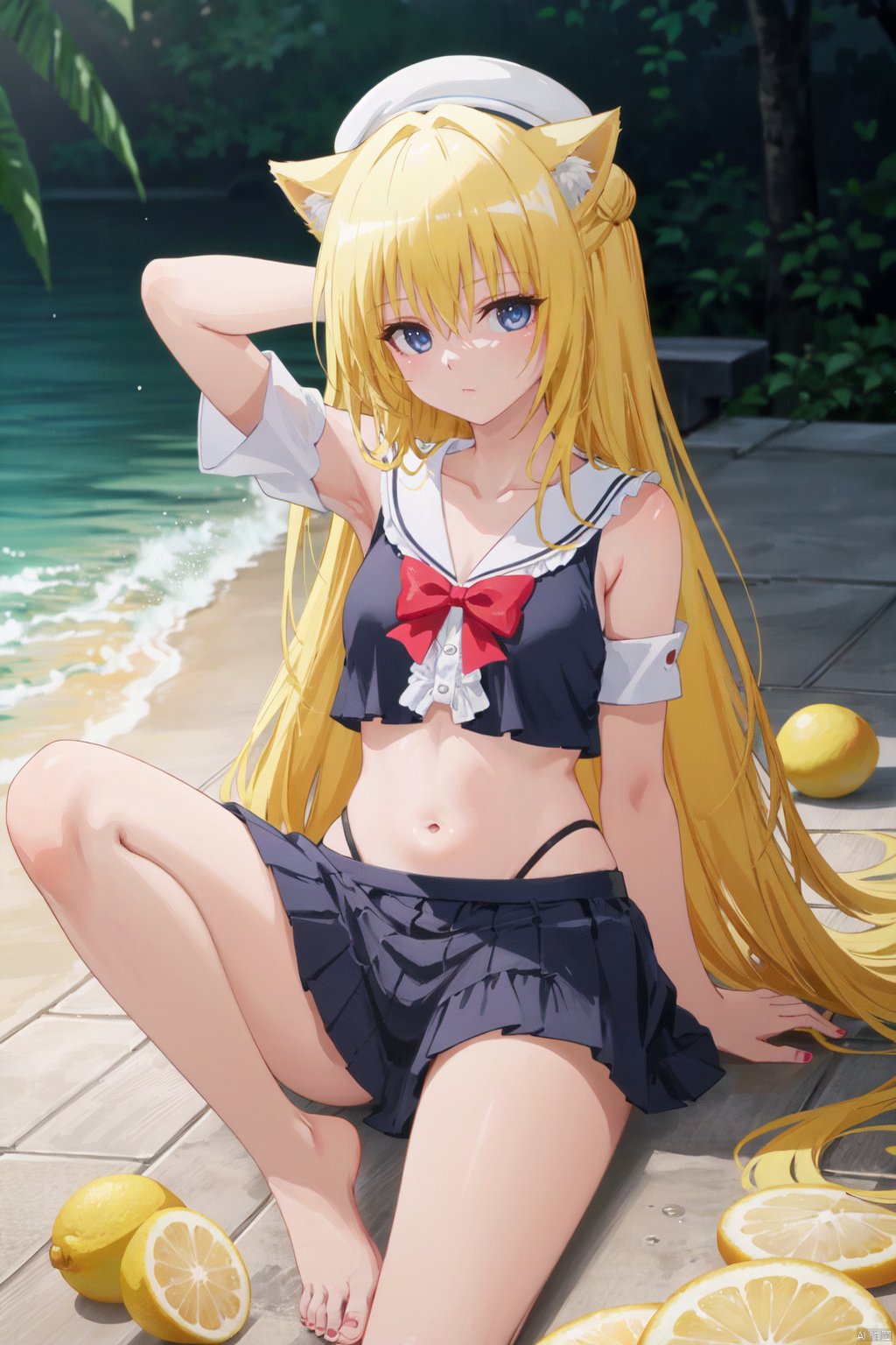 1girl, puffy short sleeves, solo, puffy sleeves, animal ears, short sleeves, cat ears, parted lips, cat tail, striped bow, detached sleeves, cat girl, long hair, blonde hair, white shirt, beret, blush, hair bun, hat, shirt, navel, barefoot, very long hair, sailor collar, tail, hair between eyes, blue eyes, sleeveless, striped, crop top, bangs, food, bow, white sailor collar, fruit, blue bow, sleeveless shirt, frilled sailor collar, arm up, white sleeves, double bun, water drop, frills, lemon, :o, between legs, hand between legs, toenails, animal ear fluff, swimsuit, skirt, looking at viewer, nail polish, hand up, lemon slice, collarbone, bikini, bare shoulders