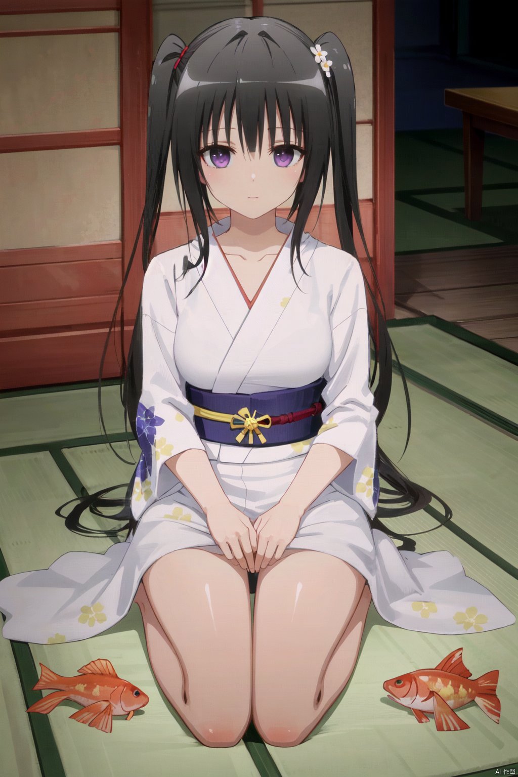 1girl, japanese clothes, kimono, long hair, solo, hair ornament, flower, hair flower, goldfish, barefoot, black hair, fish, yukata, bubble, sitting, looking at viewer, yokozuwari, twintails, purple eyes, sash, very long hair, floral print, black eyes