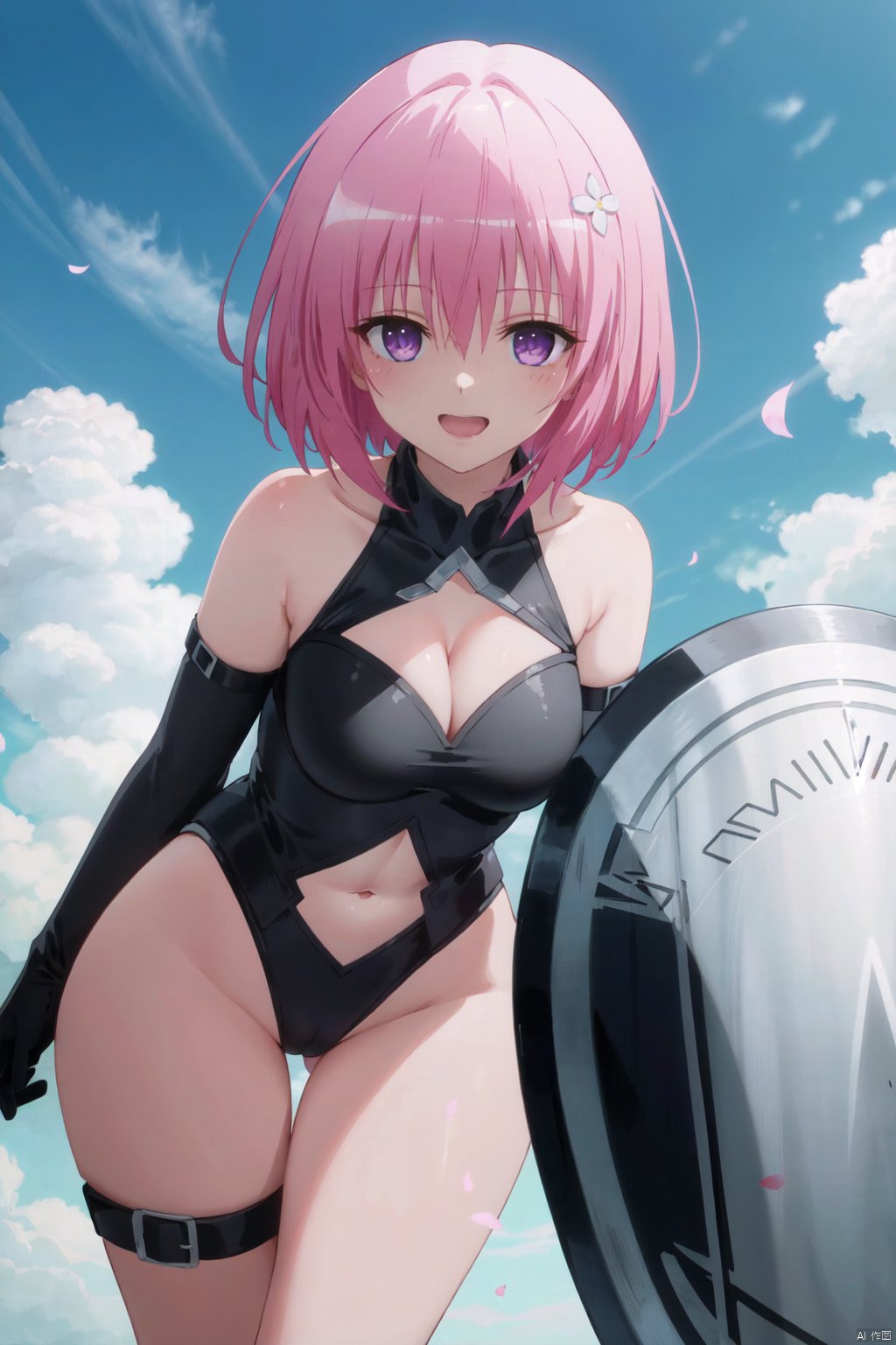 1girl, solo, lord camelot \(fate\), gloves, breasts, hair over one eye, elbow gloves, purple eyes, smile, mash kyrielight, shield, looking at viewer, open mouth, navel cutout, short hair, navel, cleavage, blush, sweat, leotard, cloud, clothing cutout, sky, thigh strap, lens flare, black gloves, :d, bare shoulders, holding own arm, large breasts, artist name, halterneck, day, arms behind back, outdoors, arm behind back, bangs, thigh gap, cowboy shot, standing, groin, dutch angle, ahoge, petals, pink hair, cleavage cutout, thighs, hip focus, sunlight, signature, black leotard, leaning forward, legs together, holding shield