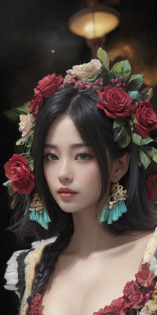  1girl,Han Chinese girls,Flower beret,yellow Hanfu,chinese clothes,large breasts,red rose,jewelry, earrings,lips, makeup, portrait, eyeshadow, realistic, nose,{{best quality}}, {{masterpiece}}, {{ultra-detailed}}, {illustration}, {detailed light}, {an extremely delicate and beautiful}, a girl, {beautiful detailed eyes}, stars in the eyes, messy floating hair, colored inner hair, Starry sky adorns hair, depth of field, large breasts,cleavage,blurry, no humans, traditional media, gem, crystal, still life, Dance,movements, All the Colours of the Rainbow,zj,
simple background, shiny, blurry, no humans, depth of field, black background, gem, crystal, realistic, red gemstone, still life,
