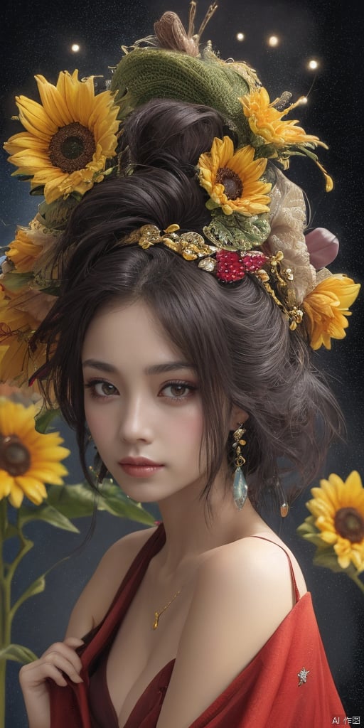  1girl,Han Chinese girls,yellow Hanfu,chinese clothes,large breasts,sunflower,jewelry, earrings,lips, makeup, portrait, eyeshadow, realistic, nose,{{best quality}}, {{masterpiece}}, {{ultra-detailed}}, {illustration}, {detailed light}, {an extremely delicate and beautiful}, a girl, {beautiful detailed eyes}, stars in the eyes, messy floating hair, colored inner hair, Starry sky adorns hair, depth of field, large breasts,cleavage,blurry, no humans, traditional media, gem, crystal, still life, Dance,movements, All the Colours of the Rainbow,zj,
simple background, shiny, blurry, no humans, depth of field, black background, gem, crystal, realistic, red gemstone, still life,
