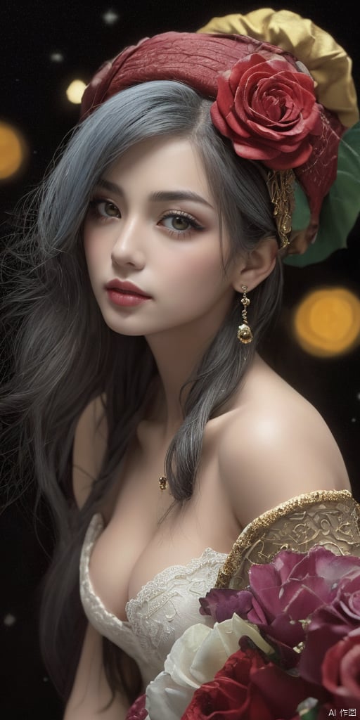  1girl,Han Chinese girls,Flower beret,yellow Hanfu,chinese clothes,large breasts,red rose,jewelry, earrings,lips, makeup, portrait, eyeshadow, realistic, nose,{{best quality}}, {{masterpiece}}, {{ultra-detailed}}, {illustration}, {detailed light}, {an extremely delicate and beautiful}, a girl, {beautiful detailed eyes}, stars in the eyes, messy floating hair, colored inner hair, Starry sky adorns hair, depth of field, large breasts,cleavage,blurry, no humans, traditional media, gem, crystal, still life, Dance,movements, All the Colours of the Rainbow,zj,
simple background, shiny, blurry, no humans, depth of field, black background, gem, crystal, realistic, red gemstone, still life,
