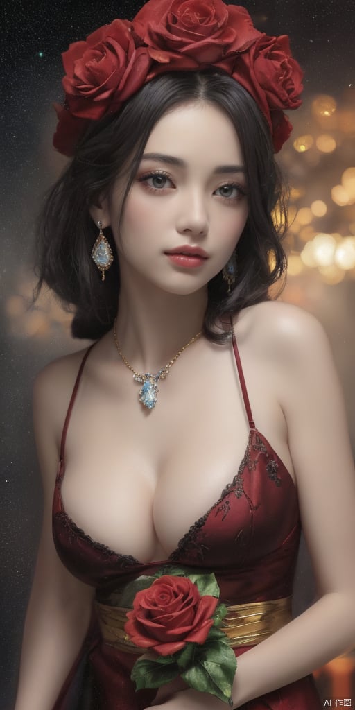  1girl,Han Chinese girls,Flower beret,yellow Hanfu,chinese clothes,large breasts,red rose,jewelry, earrings,lips, makeup, portrait, eyeshadow, realistic, nose,{{best quality}}, {{masterpiece}}, {{ultra-detailed}}, {illustration}, {detailed light}, {an extremely delicate and beautiful}, a girl, {beautiful detailed eyes}, stars in the eyes, messy floating hair, colored inner hair, Starry sky adorns hair, depth of field, large breasts,cleavage,blurry, no humans, traditional media, gem, crystal, still life, Dance,movements, All the Colours of the Rainbow,zj,
simple background, shiny, blurry, no humans, depth of field, black background, gem, crystal, realistic, red gemstone, still life,
