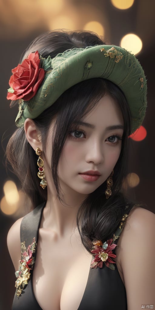  1girl,Han Chinese girls,Flower beret,yellow Hanfu,chinese clothes,large breasts,red rose,jewelry, earrings,lips, makeup, portrait, eyeshadow, realistic, nose,{{best quality}}, {{masterpiece}}, {{ultra-detailed}}, {illustration}, {detailed light}, {an extremely delicate and beautiful}, a girl, {beautiful detailed eyes}, stars in the eyes, messy floating hair, colored inner hair, Starry sky adorns hair, depth of field, large breasts,cleavage,blurry, no humans, traditional media, gem, crystal, still life, Dance,movements, All the Colours of the Rainbow,zj,
simple background, shiny, blurry, no humans, depth of field, black background, gem, crystal, realistic, red gemstone, still life,
