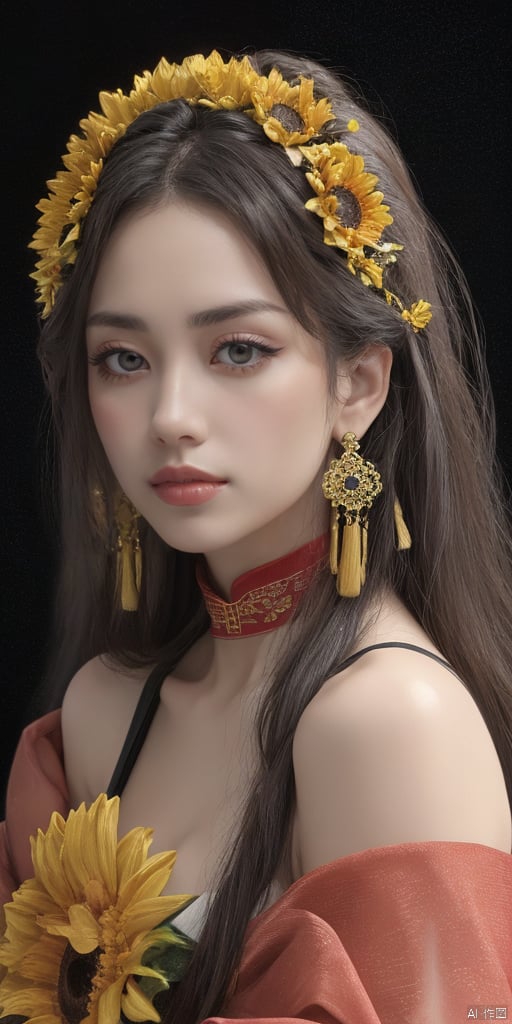  1girl,Han Chinese girls,yellow Hanfu,chinese clothes,large breasts,sunflower,jewelry, earrings,lips, makeup, portrait, eyeshadow, realistic, nose,{{best quality}}, {{masterpiece}}, {{ultra-detailed}}, {illustration}, {detailed light}, {an extremely delicate and beautiful}, a girl, {beautiful detailed eyes}, stars in the eyes, messy floating hair, colored inner hair, Starry sky adorns hair, depth of field, large breasts,cleavage,blurry, no humans, traditional media, gem, crystal, still life, Dance,movements, All the Colours of the Rainbow,zj,
simple background, shiny, blurry, no humans, depth of field, black background, gem, crystal, realistic, red gemstone, still life,
