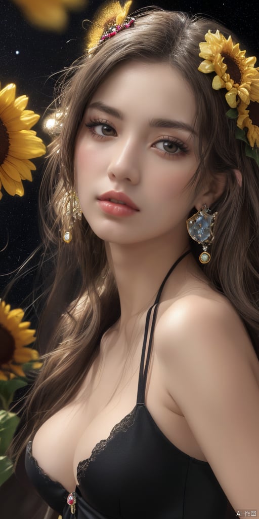  1girl,Han Chinese girls,yellow Hanfu,chinese clothes,large breasts,sunflower,jewelry, earrings,lips, makeup, portrait, eyeshadow, realistic, nose,{{best quality}}, {{masterpiece}}, {{ultra-detailed}}, {illustration}, {detailed light}, {an extremely delicate and beautiful}, a girl, {beautiful detailed eyes}, stars in the eyes, messy floating hair, colored inner hair, Starry sky adorns hair, depth of field, large breasts,cleavage,blurry, no humans, traditional media, gem, crystal, still life, Dance,movements, All the Colours of the Rainbow,zj,
simple background, shiny, blurry, no humans, depth of field, black background, gem, crystal, realistic, red gemstone, still life,
